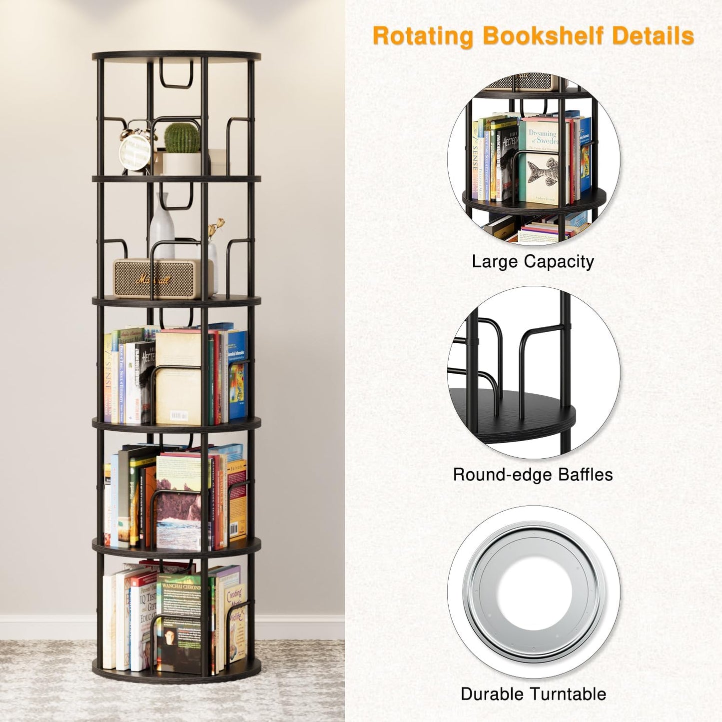 5 Tier Rotating Bookshelf, 360 Display Spinning Corner Bookshelf, Space-Saving Metal Frame Bookcase for Living Room, Office, Bedroom, Black