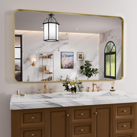 Gold Bathroom Mirror, 55x30 Inch Brushed Gold Metal Frame Mirror for Wall, Rounded Rectangle Bathroom Vanity Mirror, Tempered Glass, Anti-Rust, Horizontal/Vertical