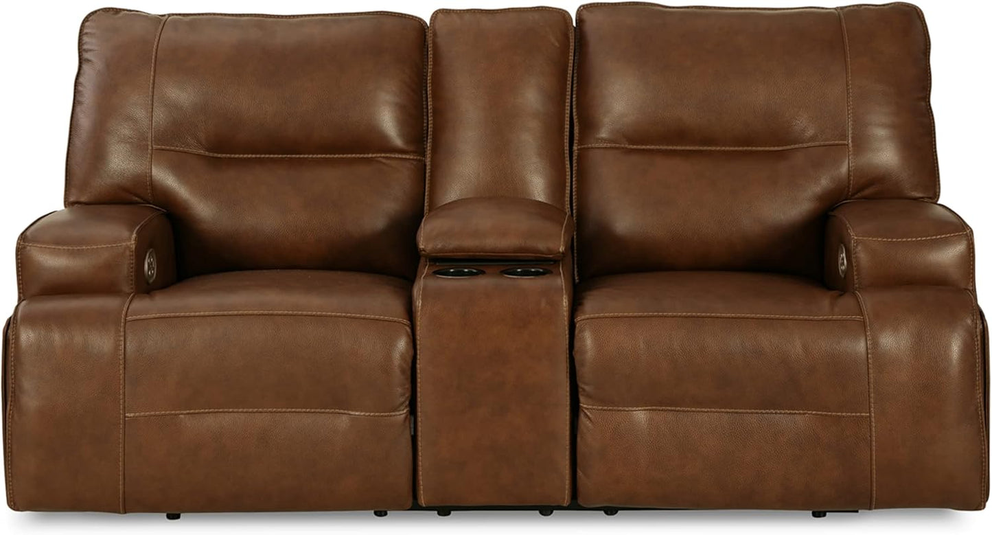 Signature Design by Ashley Francesca Modern Tufted Leather Power Reclining Loveseat with Console and Adjustable Headrest, Dark Brown