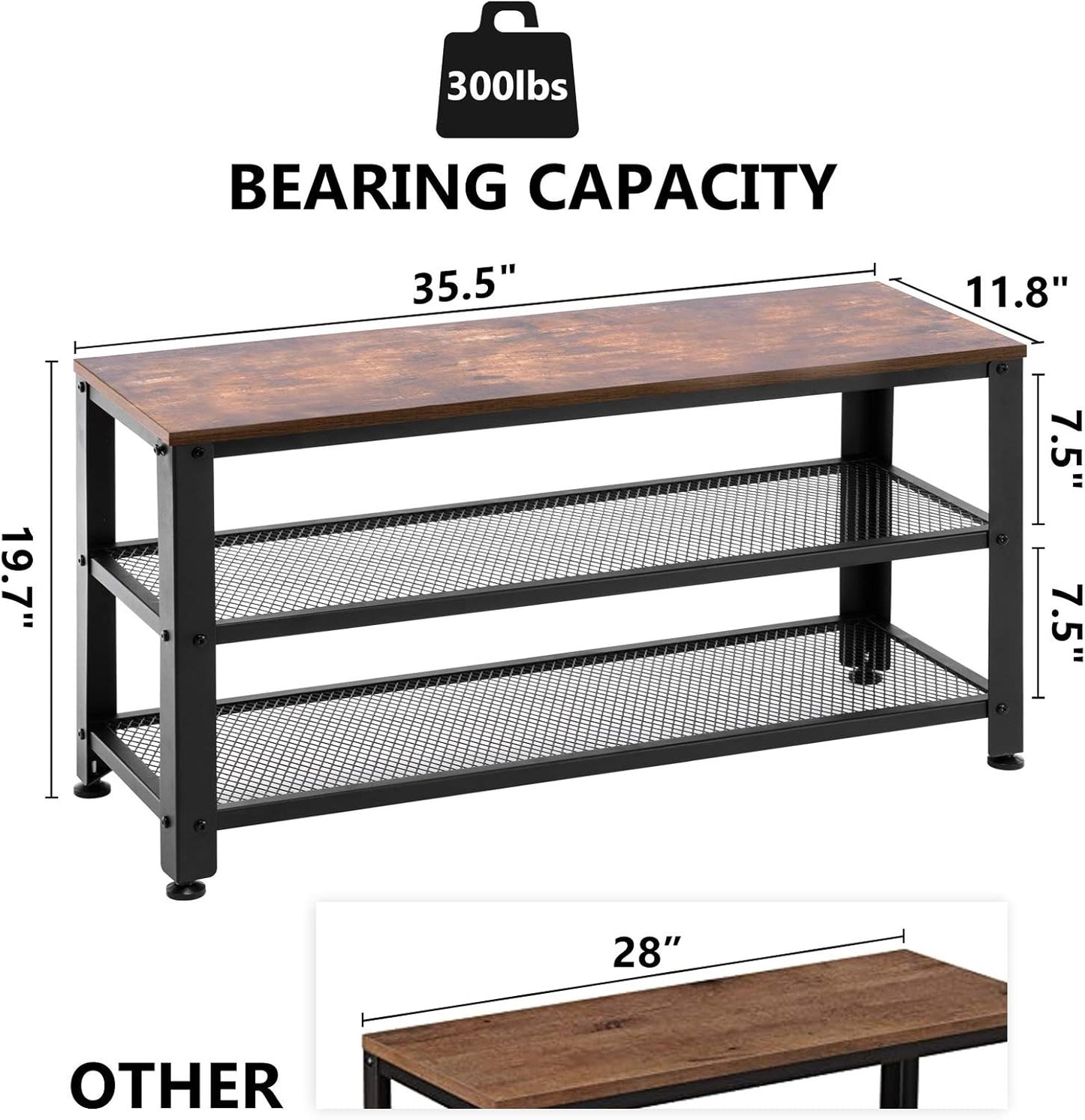 Apicizon Shoe Rack, 35.5 Inches 3-Tier Shoe Rack for Entryway with Long Seat and Metal Shelves for Garage, Industrial Storage Bench with Steel Structure for Living Room, Bedroom, Mudroom, Rustic Brown