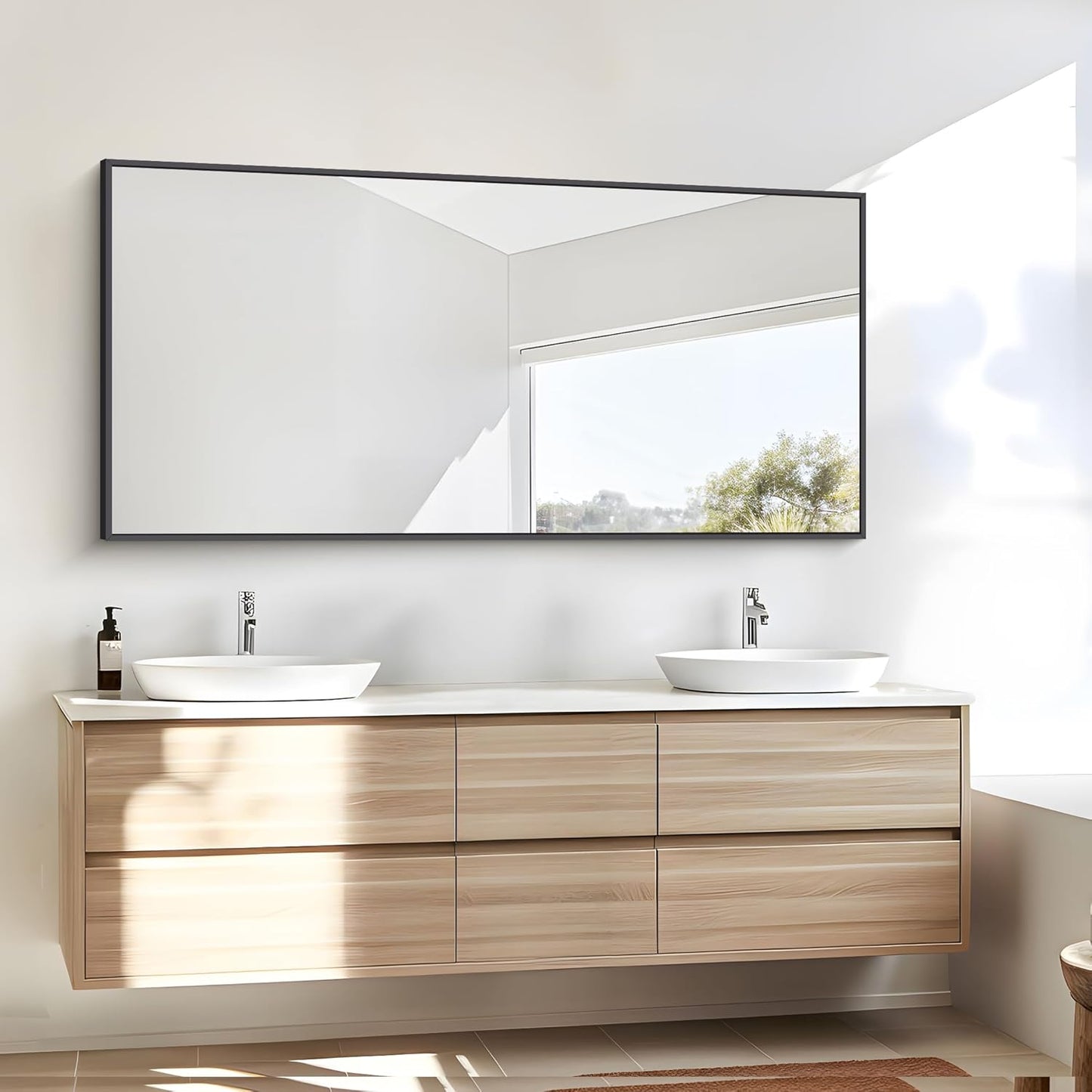 BONEWEI Bathroom Mirror,24x48 inch Wall Mirror for Bathroom Wall Mounted Black Rectangle Square Corner Mirrors, Black Bathroom Mirror for Living Room, Farmhouse, Bedroom Entryway, Horizontal/Vertical