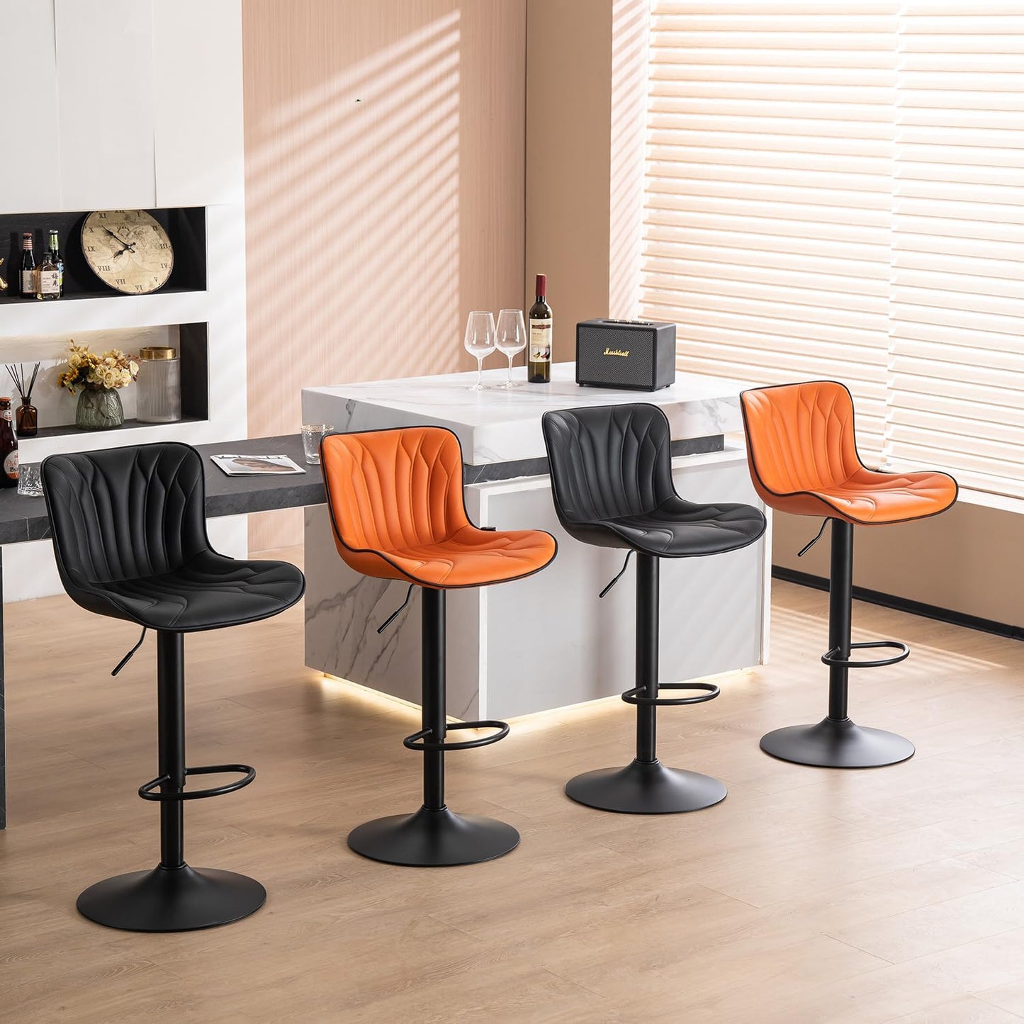 YOUNIKE Brown Bar Stools Set of 2 Modern Swivel Counter Height Bar Chair with High Back Adjustable Kitchen Faux Leather Padded Barstools Tall Breakfast Island Chairs Upholstered