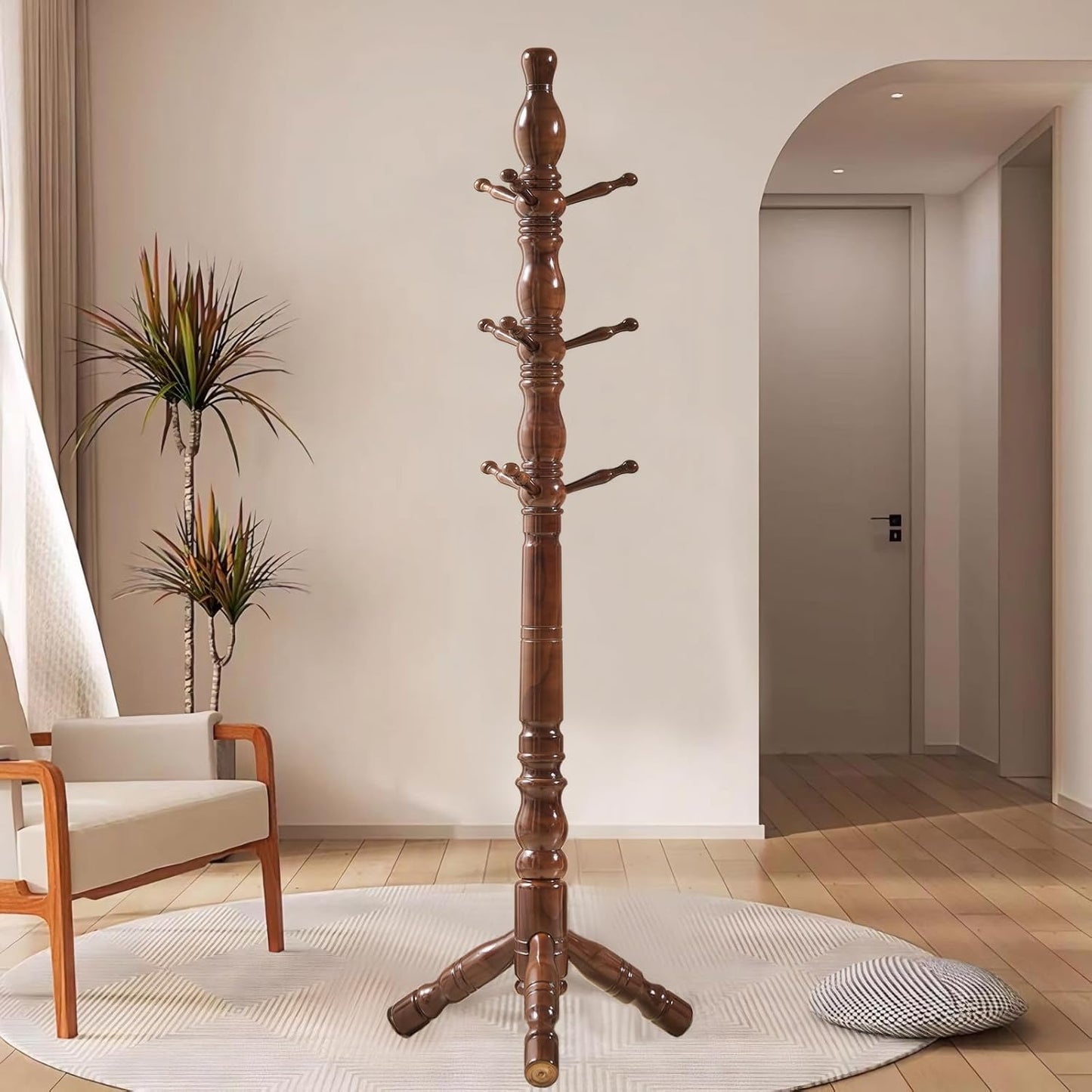 Coat Rack, Natural Wood Coat Racks with 3 Height Options and 9 Hooks,Coat Tree Ease of Assembly,Freestanding Hall Tree for Home/Office/Entryway/Hallway (Walnut)