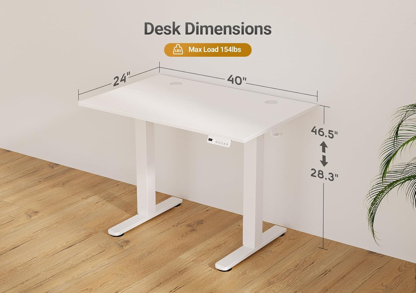 Seang Electric Standing Desk Adjustable Height, 40 x 24 Inch Sit Stand Desk with T-Shaped Frame, 3 Memory Presets & Cable Management for Home Office Computer Workstation, White Frame/White Top