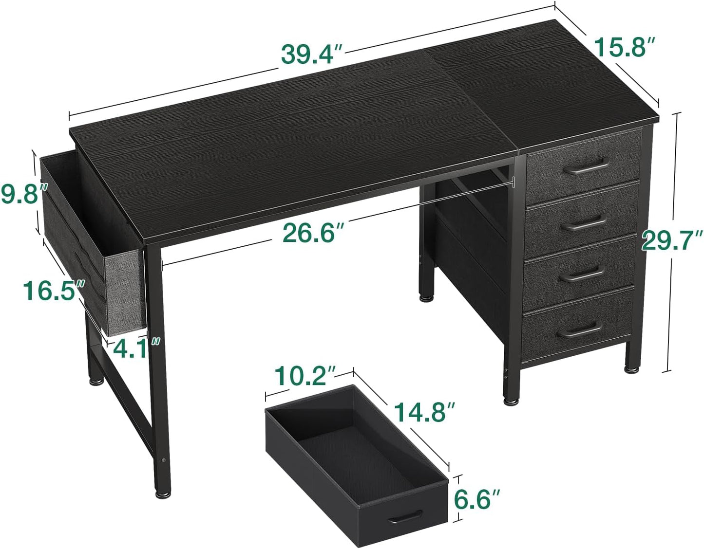 Casaottima 40-Inch Small Computer Desk with 4 Fabric Drawers — Home Office Desks with Storage, Writing Desk with Side Hook and Cloth Bag, Modern Study/Work Table for Bedroom and Small Space, Black