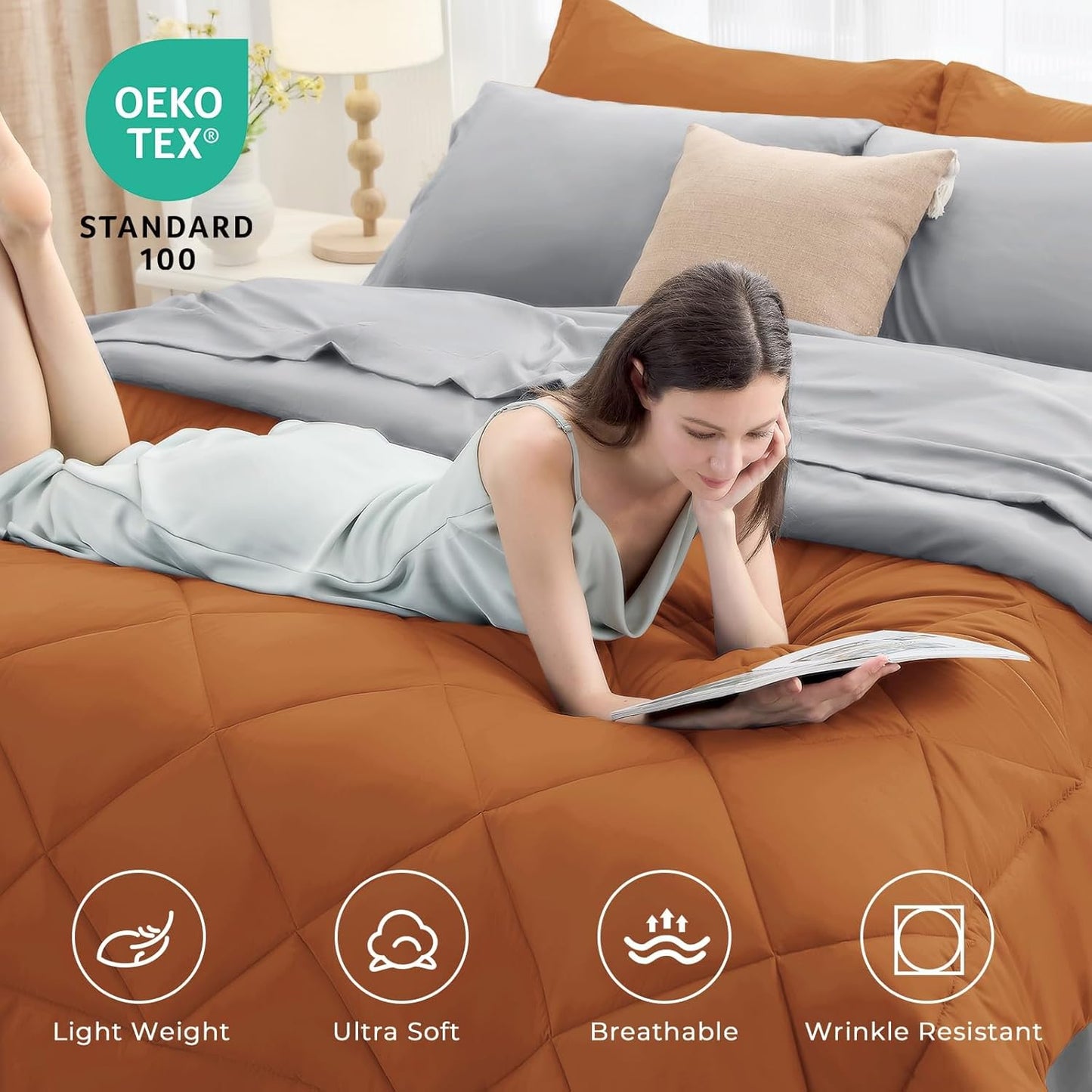 HEVUMYI Queen Comforter Set - 7-Piece All Season Bed in a Bag Queen, Ultra Soft Bedding Set with Comforter, Flat Sheet, Fitted Sheet, Pillowcases, Pillow Shams, Orange & Light Grey