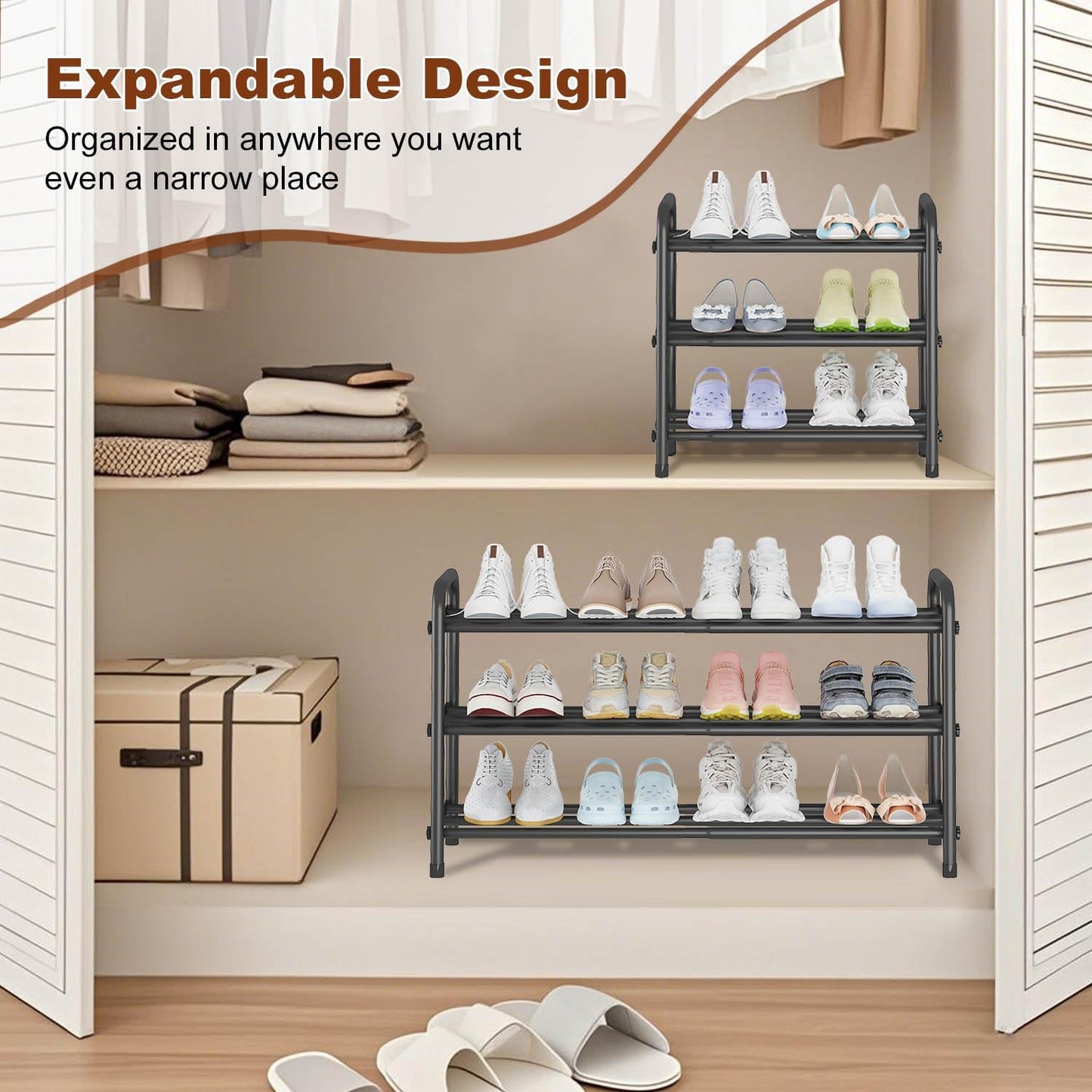 KANAV Expandable Shoe Rack Organizer – 3-Tier Shoe Shelf for Closet, Entryway & Front Door – Space-Saving Shoe Storage Solution