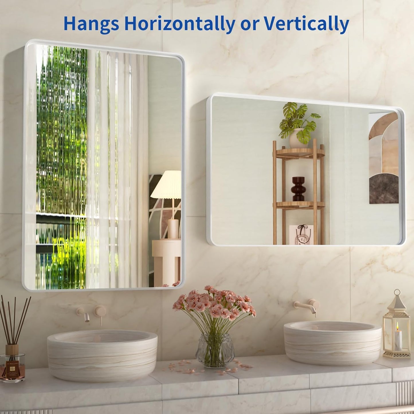 WEER White Bathroom Mirror 28X36 Inch, Rounded Rectangle White Metal Frame Mirror, Matte White Bathroom Vanity Mirror with Tempered Glass, Anti-Rust, Hangs Horizontally or Vertically
