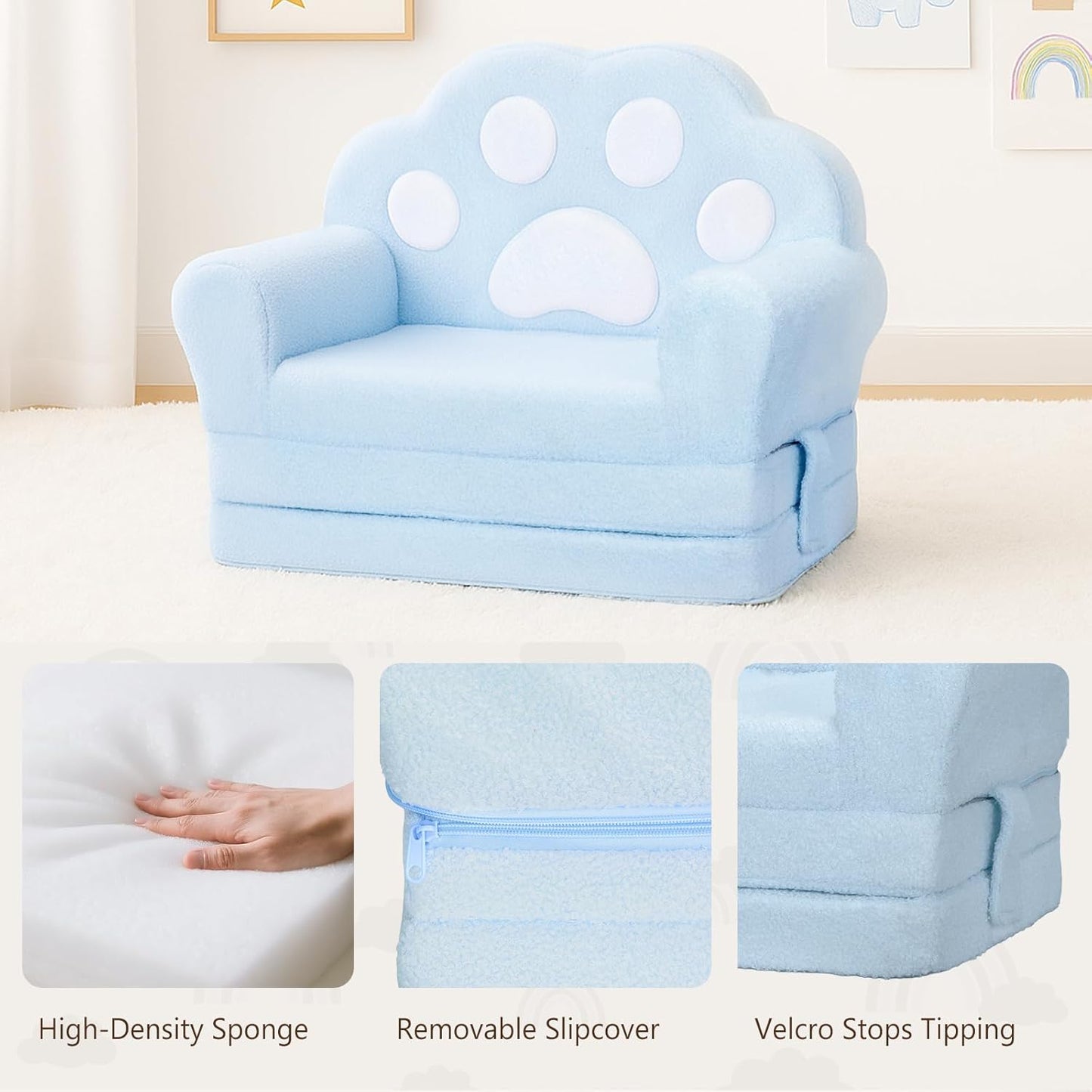 MONKISS Cat Paw Kids Couch, Toddler Chairs Comfy, Toddler Couch Bed Fold Out, Baby Lounge Chair, Birthday Gift for Girls, 1-4 Years Old, SF06, Blue