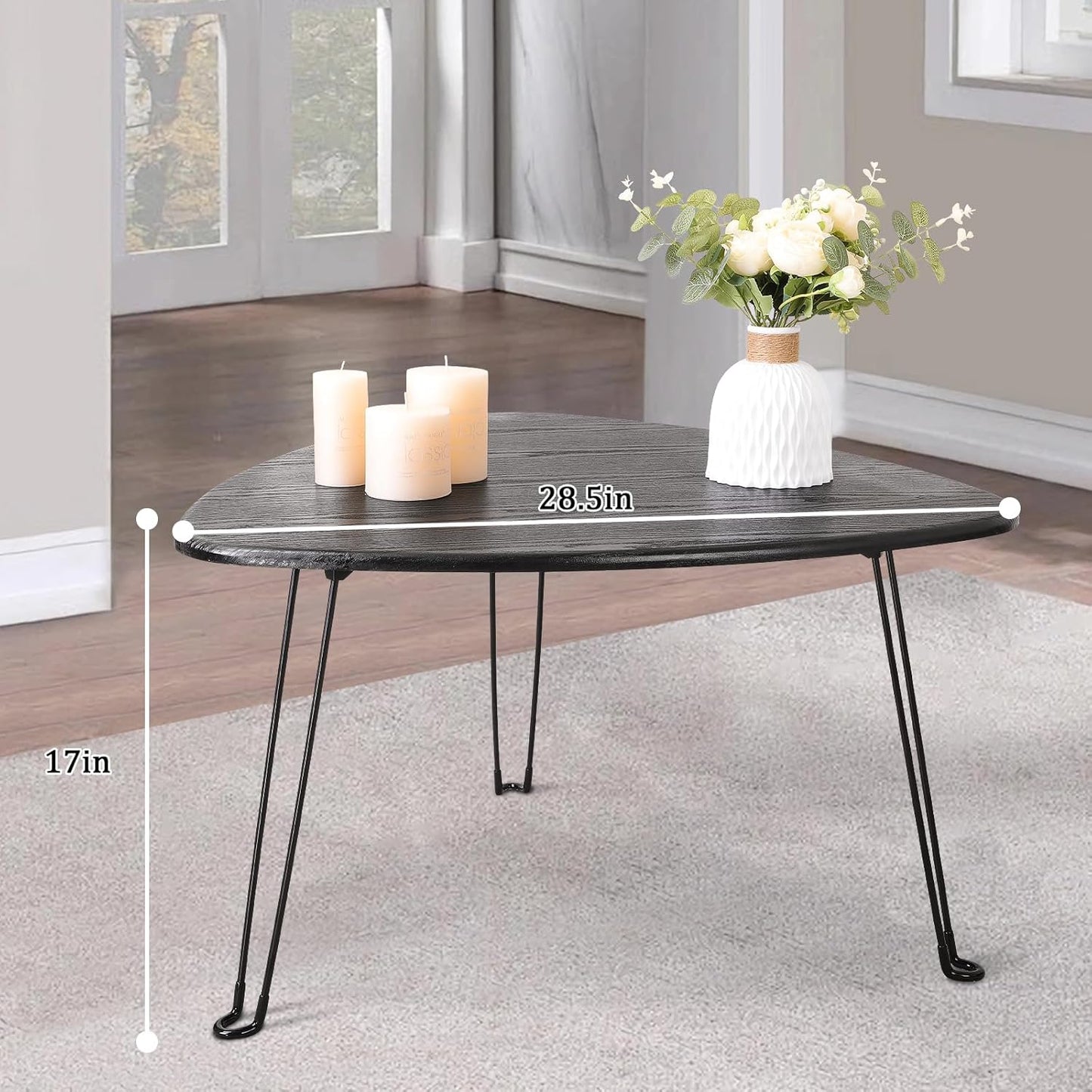 Black Folding Coffee Table Wooden Triangle Floor Table Desk for Sitting on The Floor Coffee Tables Small Oval Coffee Table Mid Century Modern Center Sofa Table for Living Room Home Office