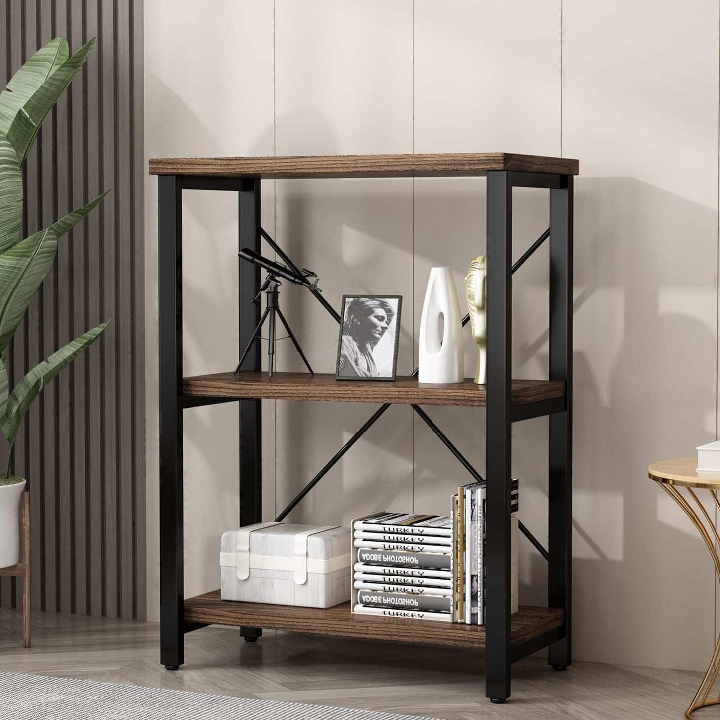 3 Tier Industrial Solid Wood Bookcases, Open Etagere Bookshelf with Metal Frame, Rustic Wood and Metal Shelving Storage Organizer for Living Room Book Shelves Furniture (AY01-3tier)