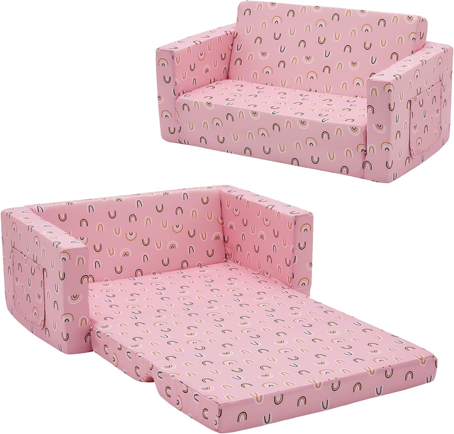 Ulax furniture Kids Sofa Chair Children FILP-Out Chair 2-in-1 Convertible Sofa to Sleeper Couch (Pink Rainbow)