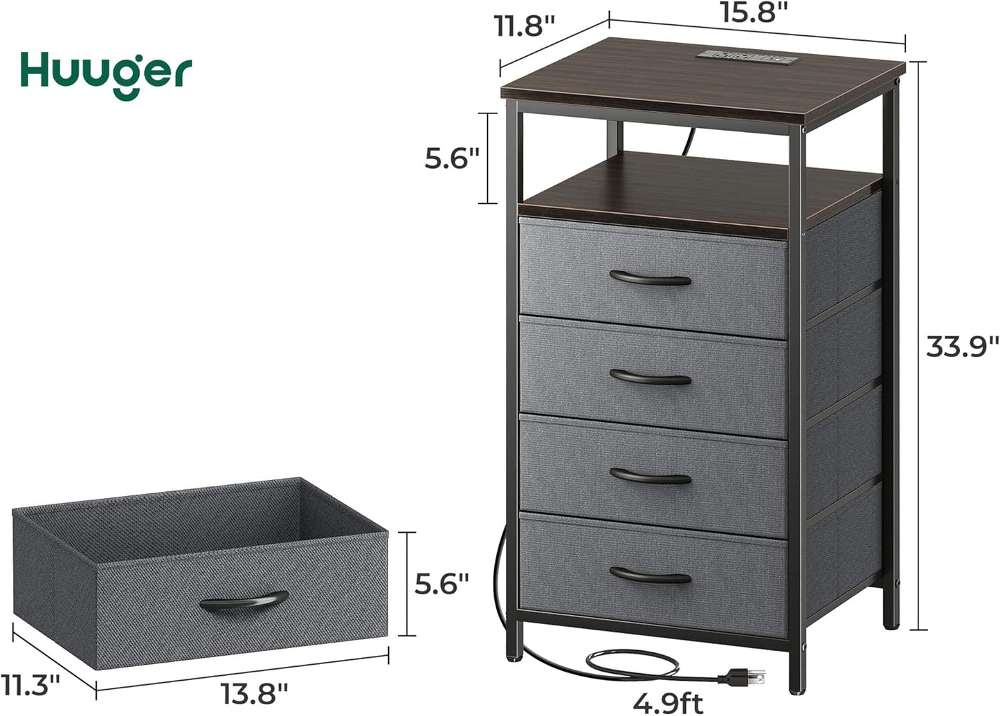 Huuger Night Stand with Charging Station, 4 Drawer Dresser for Bedroom, Bedside Table, 33.9 Inch Tall Nightstand with Open Shelf, End Table, for Closet, Entryway, Bedroom, Walnut