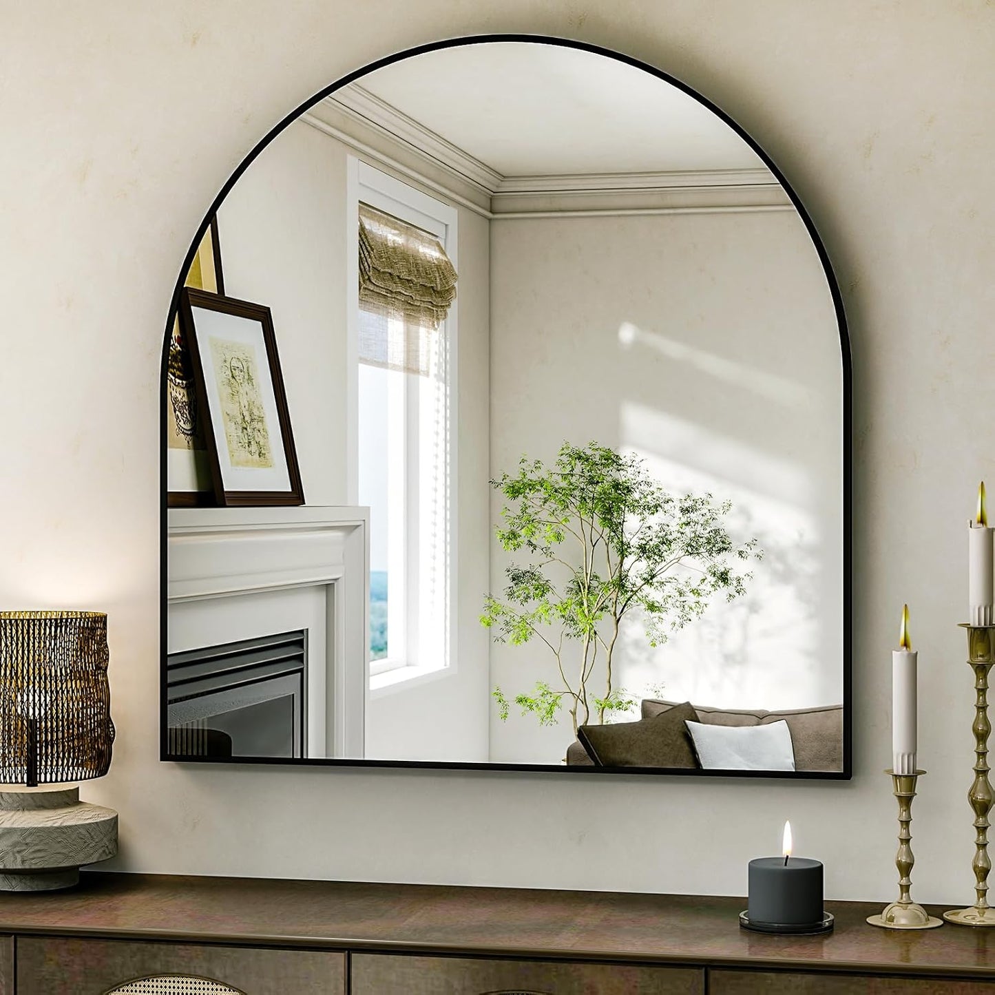 Arched Bathroom Mirror, 32x34 Inch - Wall Mounted Vanity Mirror with Aluminum Alloy Frame - Ideal for Living Room, Bedroom, Bathroom, and Entryway, Hanging or Leaning, Black