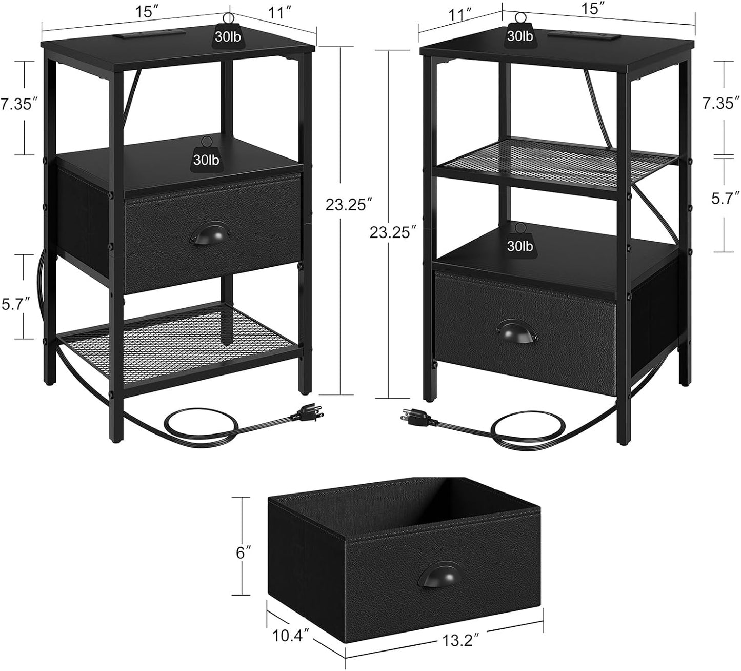 Nightstands Set of 2, Black Night Stands with Charging Station, Bedside Tables with Fabric Drawers PU Finish, 2-Tier Side Table with Open Shelf, Nightstands with Drawer,Black