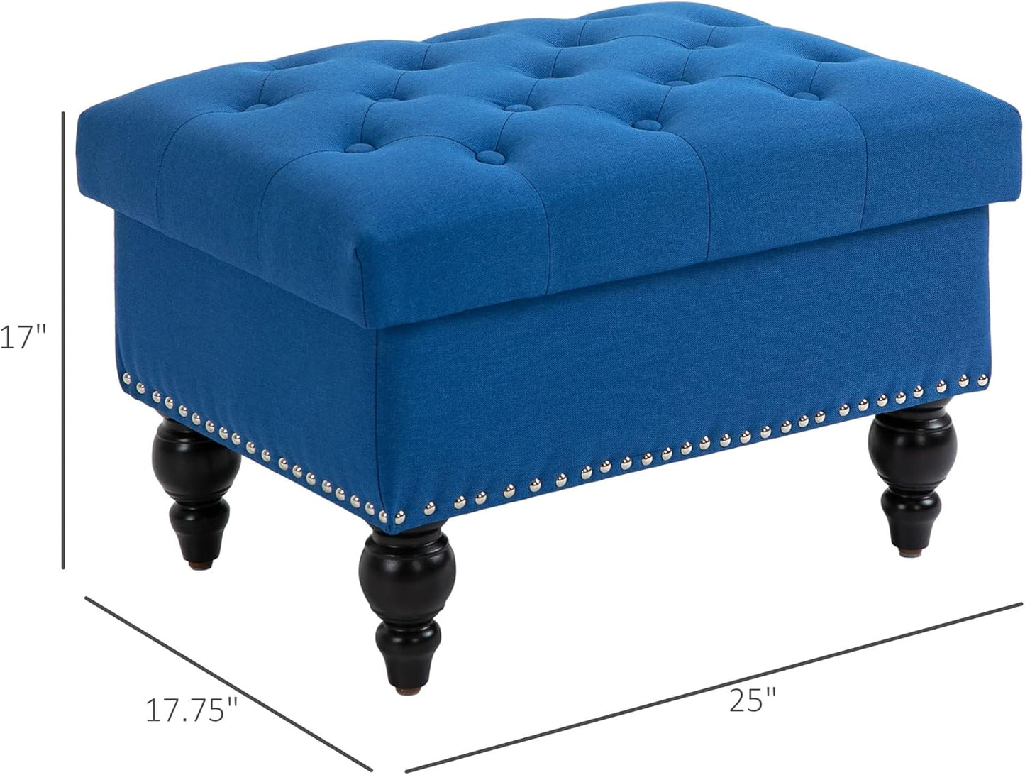 HOMCOM Ottoman with Storage for Living Room, 25" Storage Ottoman with Removable Lid, Button-Tufted Fabric Bench for Footrest and Seat with Wood Legs, Blue
