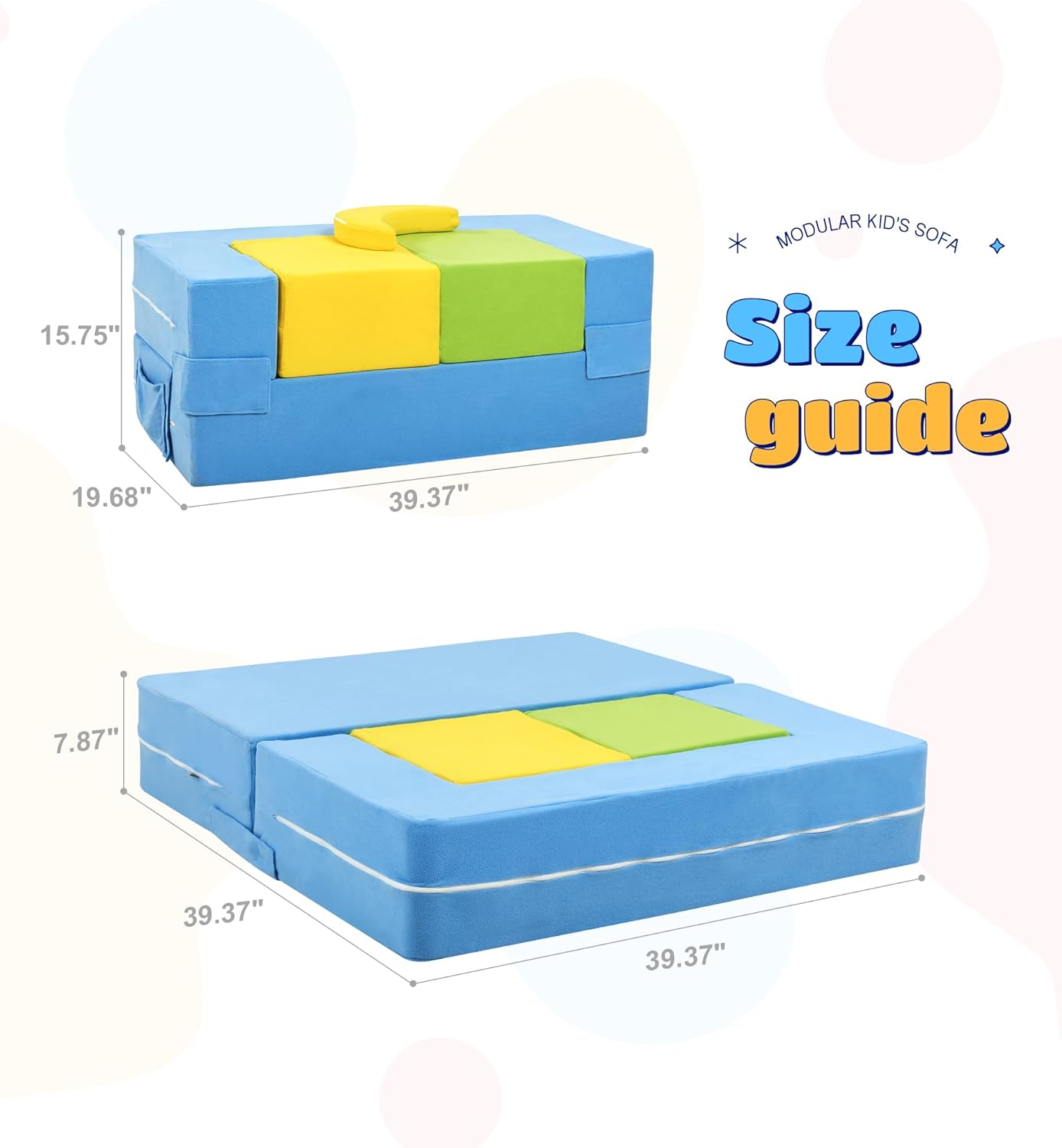 Modular Kids Sofa,Toddler Couch Foam Armchair for Kids,Children Convertible Plush Sofa Play Set,Fold Out SofaBed(Dynami Color)