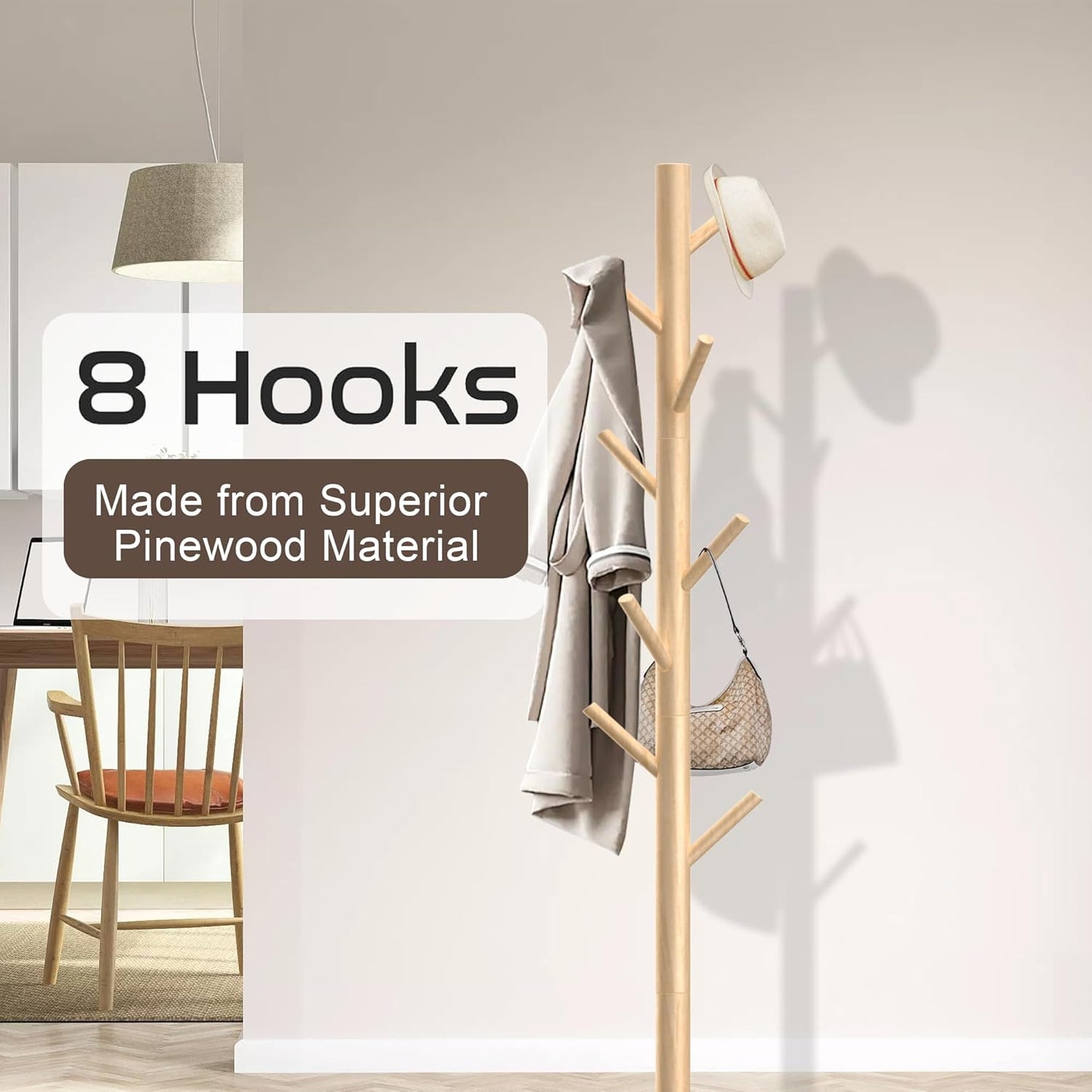 Wooden Coat Rack Stand, Freestanding Coat Rack with 8 Hooks, 3 Adjustable Size Coat Tree for Hats, Coats, Scarves bags, Coat Hanger Stand Used in Bedroom/Office/Entryway (Natural)
