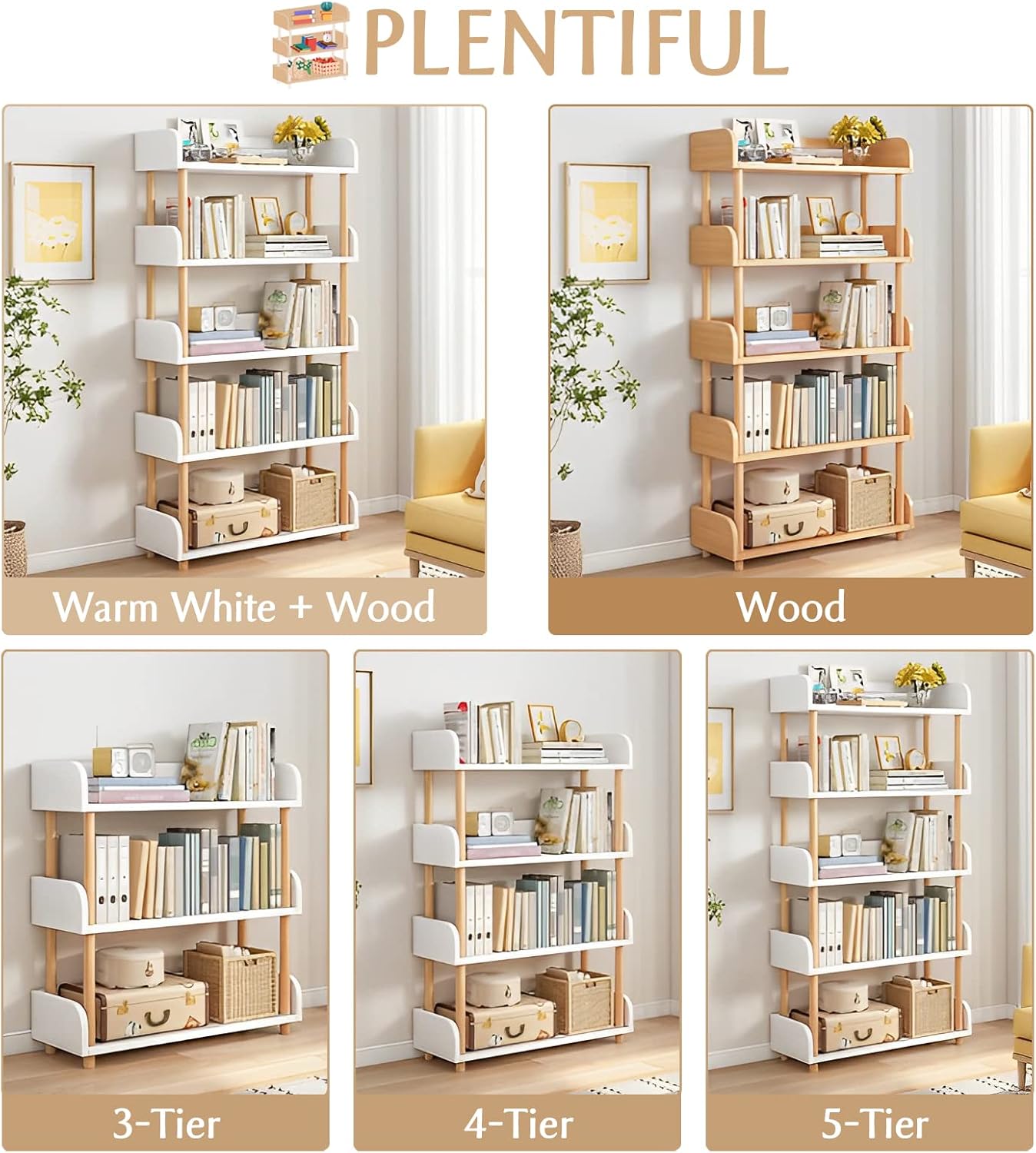 5-Tier Wooden Open Bookcase - Modern Display Bookshelf with Side Panels and Solid Wood Frame for Home and Office, Shelf Unit in Warm White