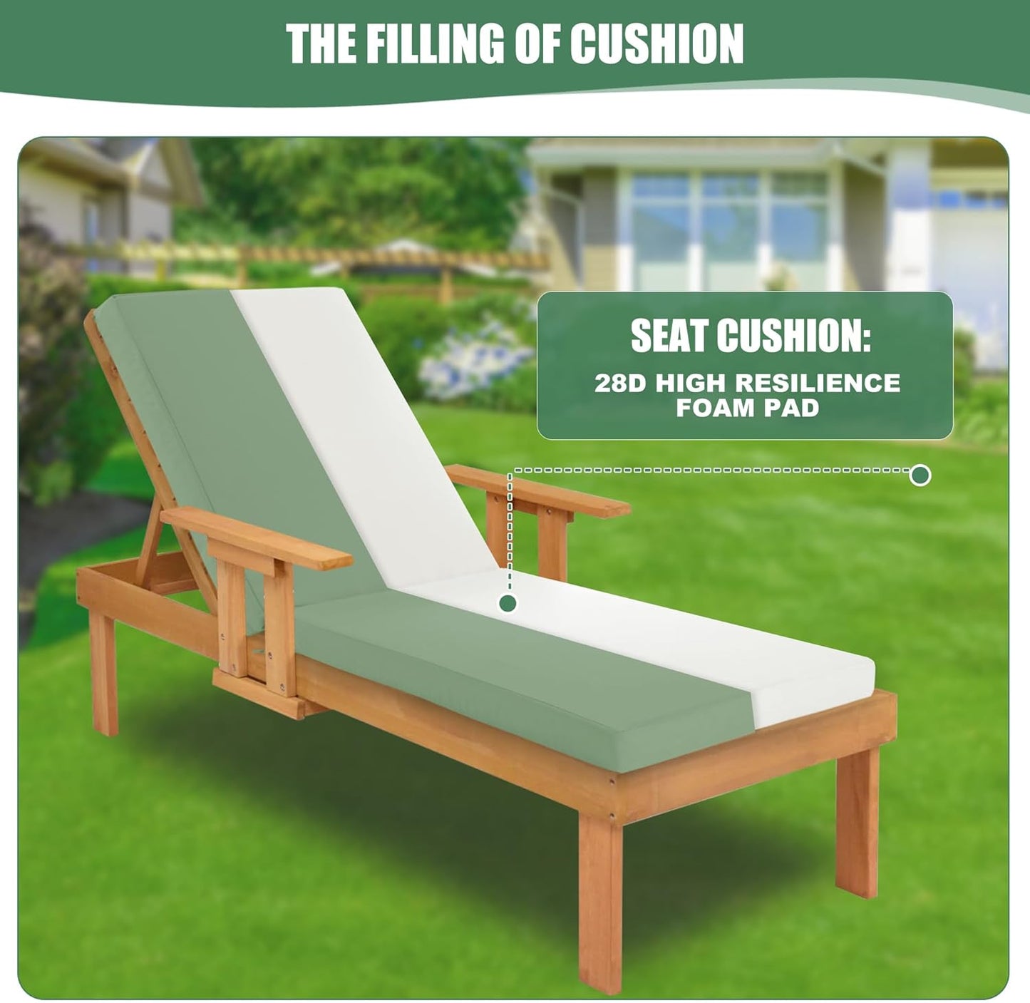 Chaise Lounge Cushions Outdoor Set of 2 - Waterproof and Fade Resistant Sun Lounger Replacement Cushions - Patio Lounger Pads with Removable Cover for Pool, Deck, 80 x 26 x 3 Inch, Sage Green