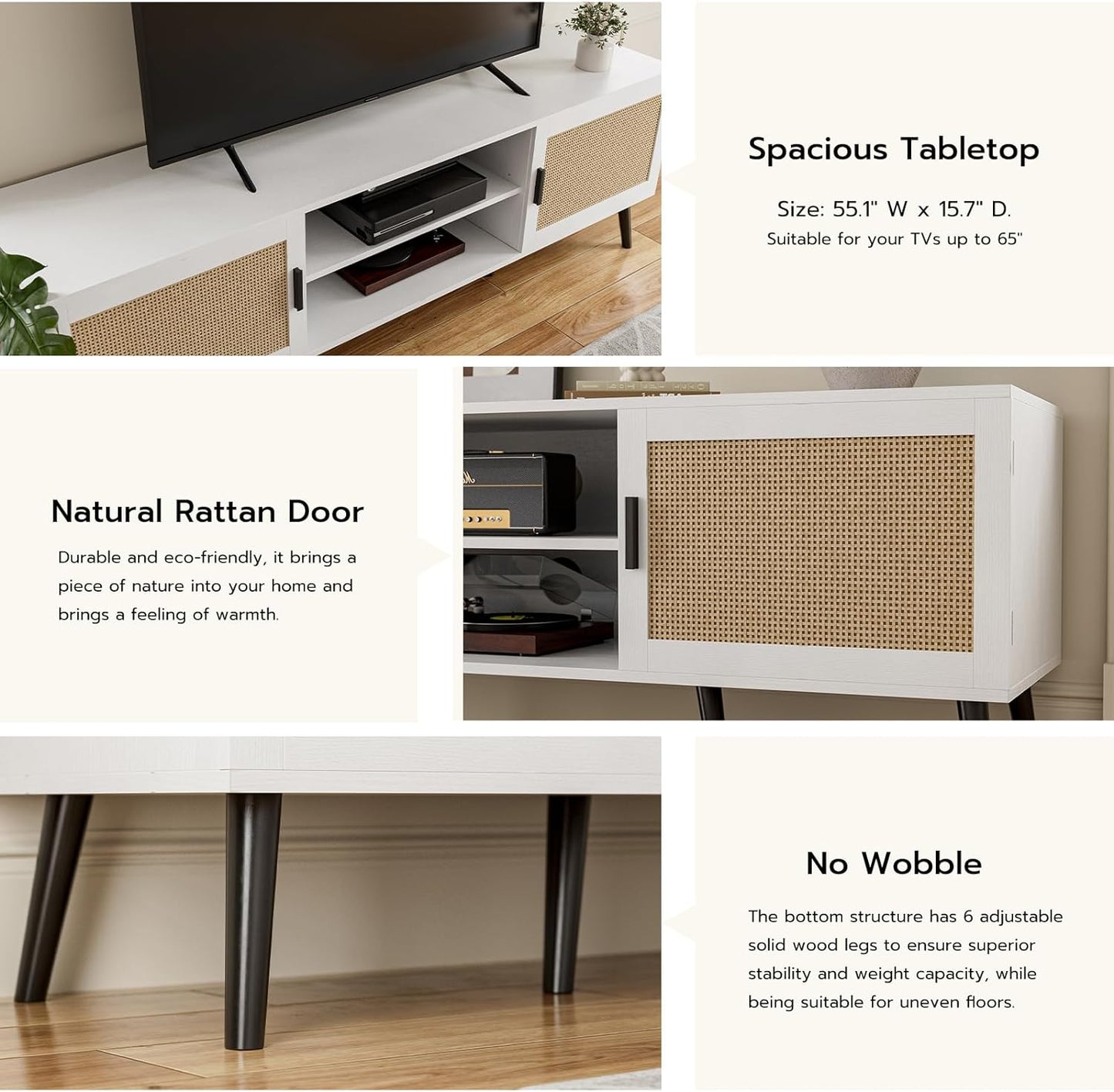 TV Stand for TVs up to 65'', Mid Century Modern Entertainment Center with Rattan Door, Shelves & 2 Cabinets, Boho Media TV Console for Living Room, Bedroom, White