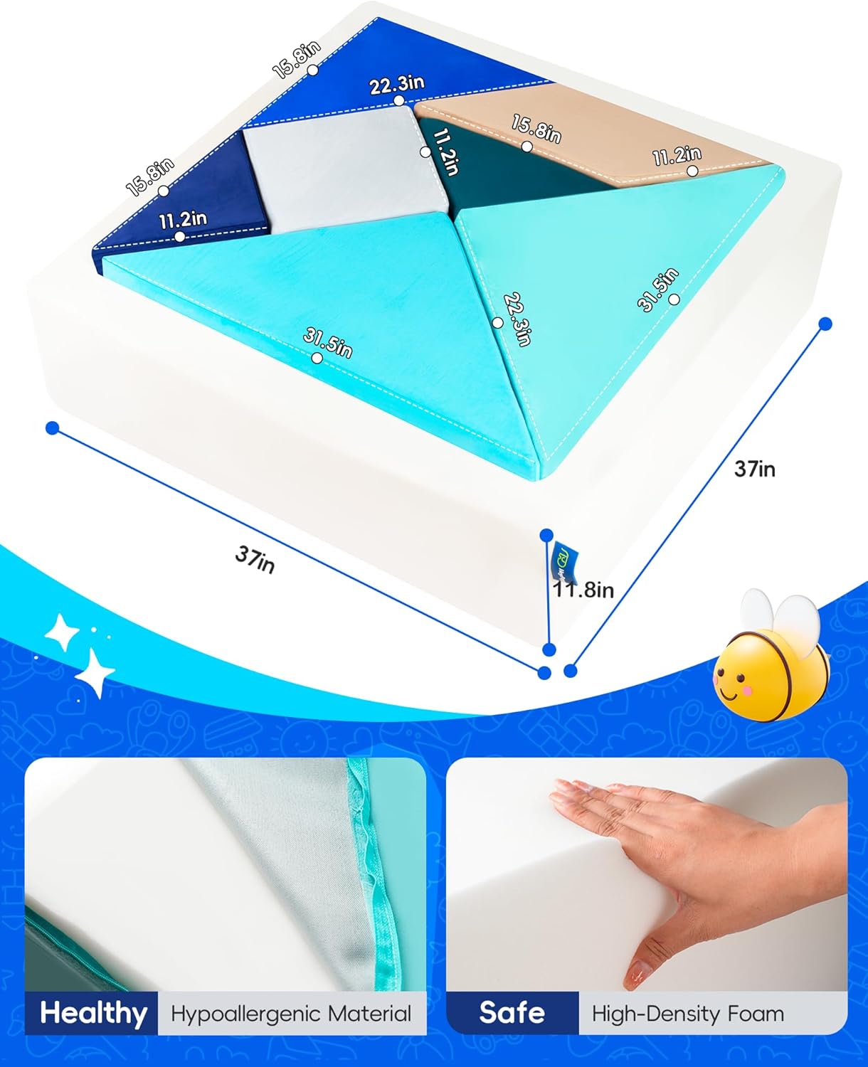 Kids Play Sofa, Tangram Square Puzzles Couch Furniture, Modular Kids Play Couchs Furniture, Puzzle Solving Couch Building Fort for Playroom Bedroom Boys Girls Teens, Ocean