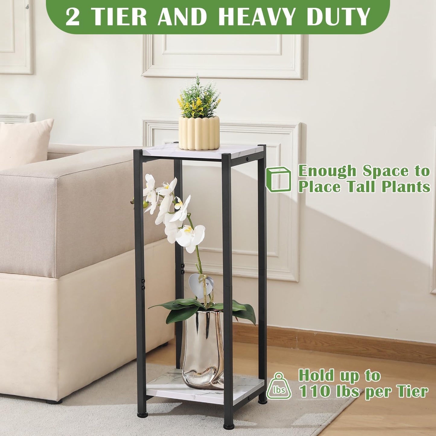 Tall Plant Stand Indoor,31 Inch Plant Stands,2 Tier Metal Plant Stand with Heavy Duty Wood,Marble White and Black