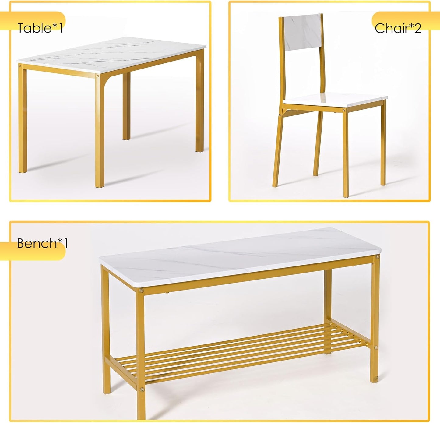 soges 4-Piece Dining Table Set with Bench - 4 Person Kitchen Table and 2 Chairs for Small Spaces, Apartment - Metal Frame & Woodgrain Tabletop, Space-Saving Design, Durable & Easy to Clean, Gold