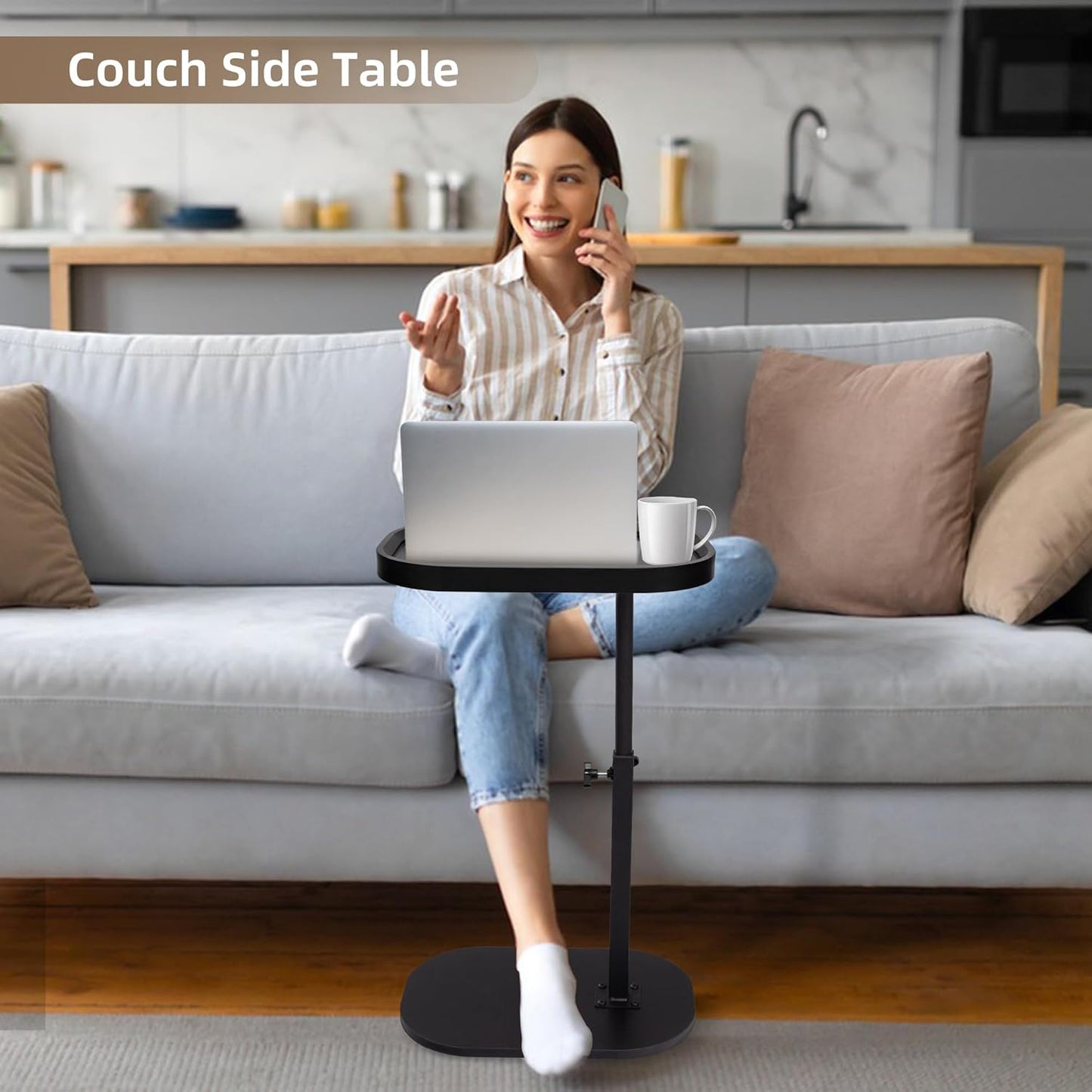 Aoligrace 360°Swivel C Shaped End Table, Adjustable Height TV Tray Table for Couch Sofa Bed, Black Small Side Table for Small Spaces Living Room Bedroom