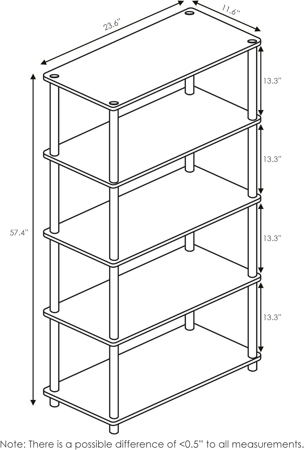 Furinno Turn-N-Tube 5-Tier Multipurpose Shelf / Display Rack / Storage Shelf / Bookshelf, Round Tubes, Beech/White