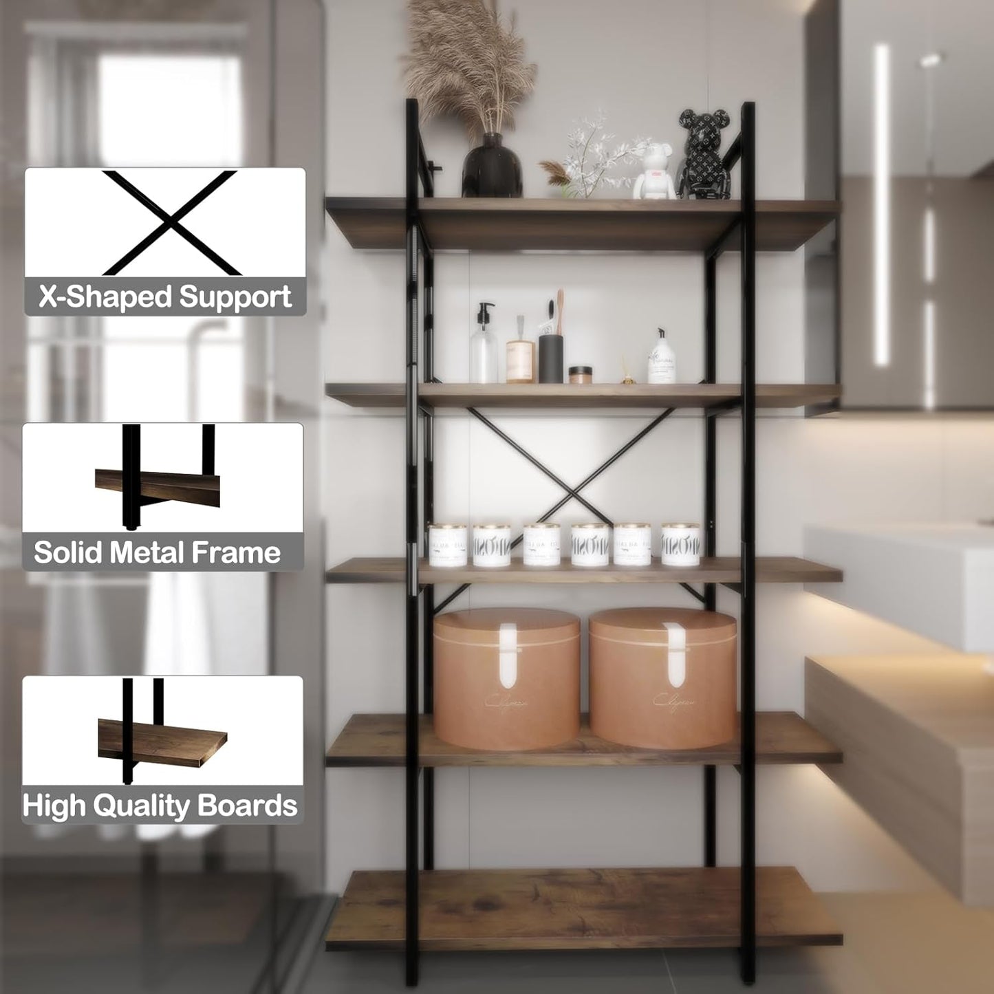5 Tiers Bookshelf Organizer Industrial Shelf,Modern Open Display Storage Bookcase,Rustic Brown and Metal Bookshelf Standing Storage Shelf Tall Shelving Units for Home Office Study.