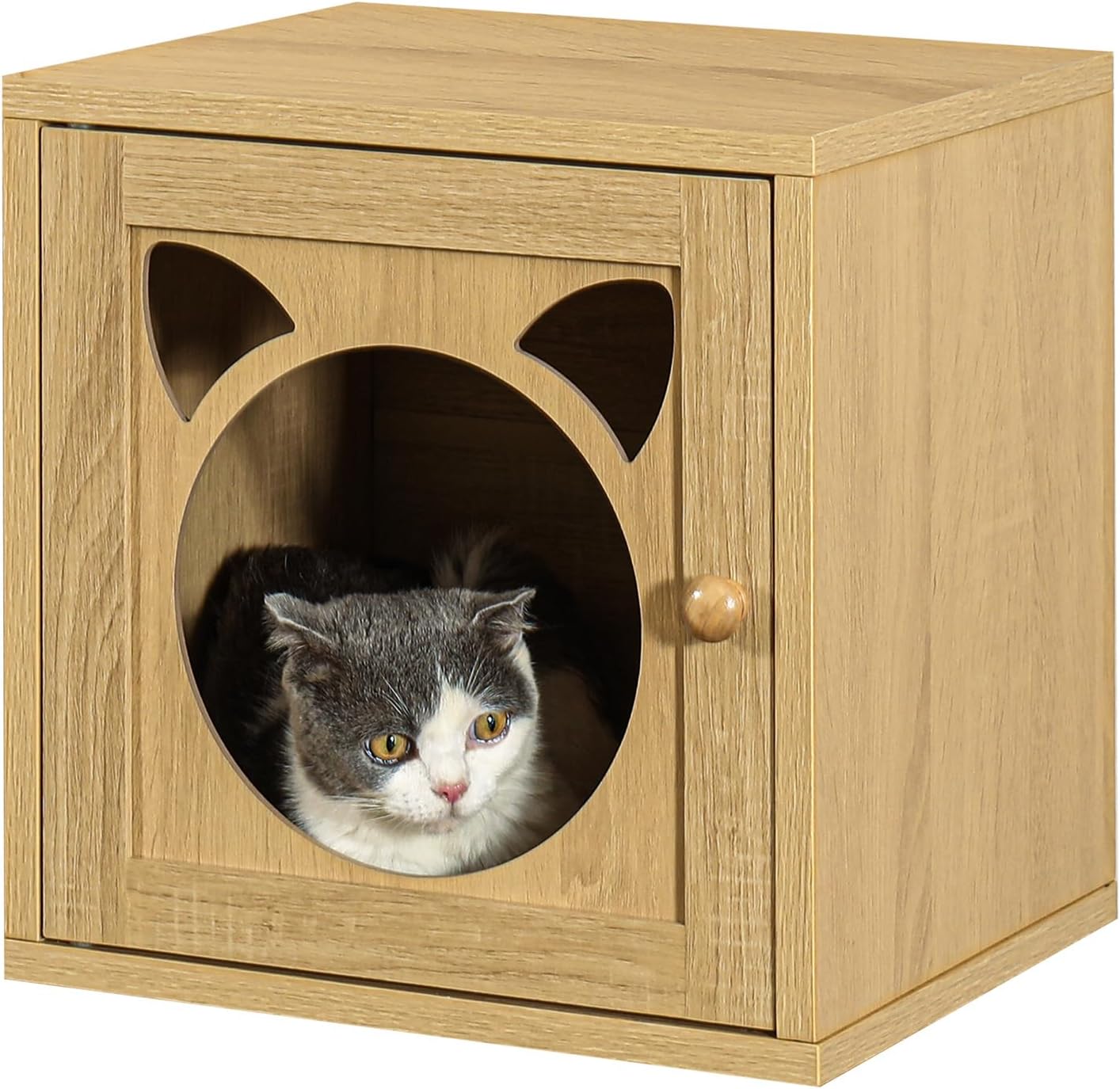 Magic DIY Cube Storage Organizer Stackable Cubes for Home Books Clothes Toy -Modular Cubby Storage System -Closet Organizer -Bookcase Closet(Yellow Oak,Cat Door Cube)