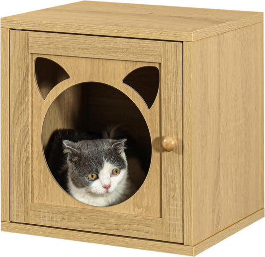 Magic DIY Cube Storage Organizer Stackable Cubes for Home Books Clothes Toy -Modular Cubby Storage System -Closet Organizer -Bookcase Closet(Yellow Oak,Cat Door Cube)