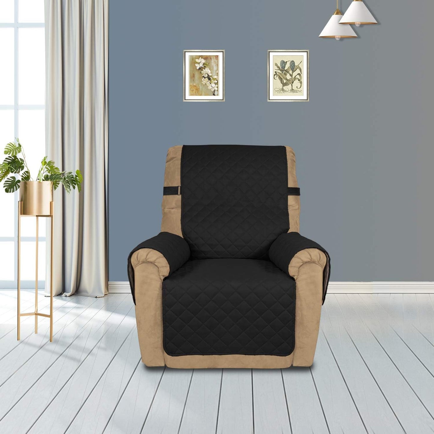 PureFit Reversible Sofa Cover Water Resistant Recliner Couch Cover, Machine Washable Furniture Cover with Adjustable Strap for Dogs, Pets (Recliner, Black/Beige)