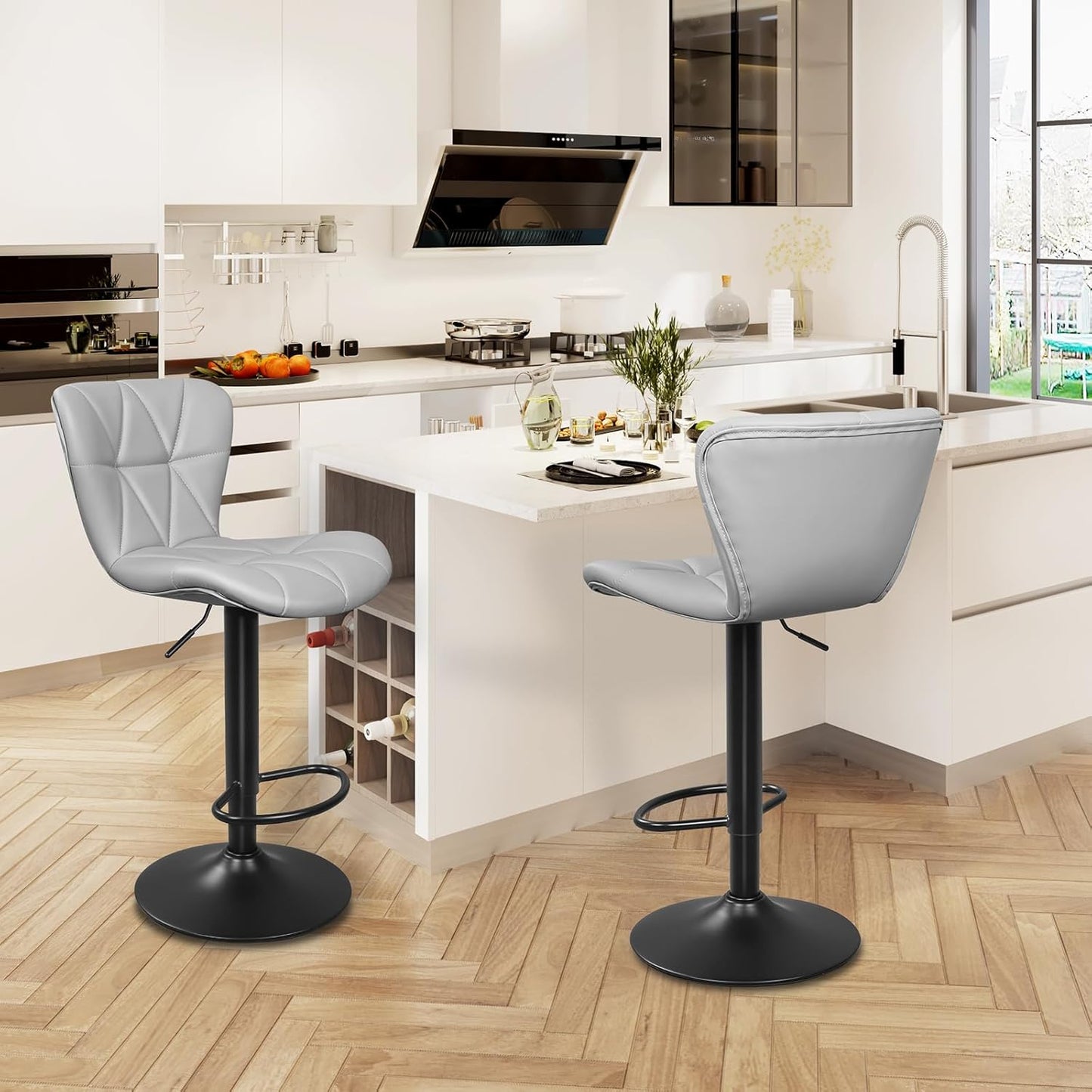 Bar Stools Set of 2, Adjustable Swivel Bar Chairs with Shell Back, PU Leather Counter Height Bar Stools for Kitchen lsland, Light Grey