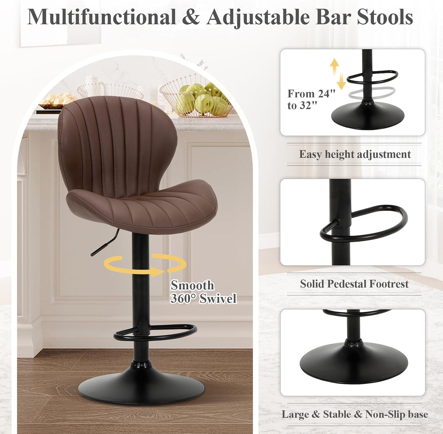 COLAMY Bar Stools Set of 2, Modern Swivel Bar Chairs, Adjustable Faux Leather Upholstered Barstools Counter Height with High Backrest for Bar, Kitchen Island, Dining Room, Brown