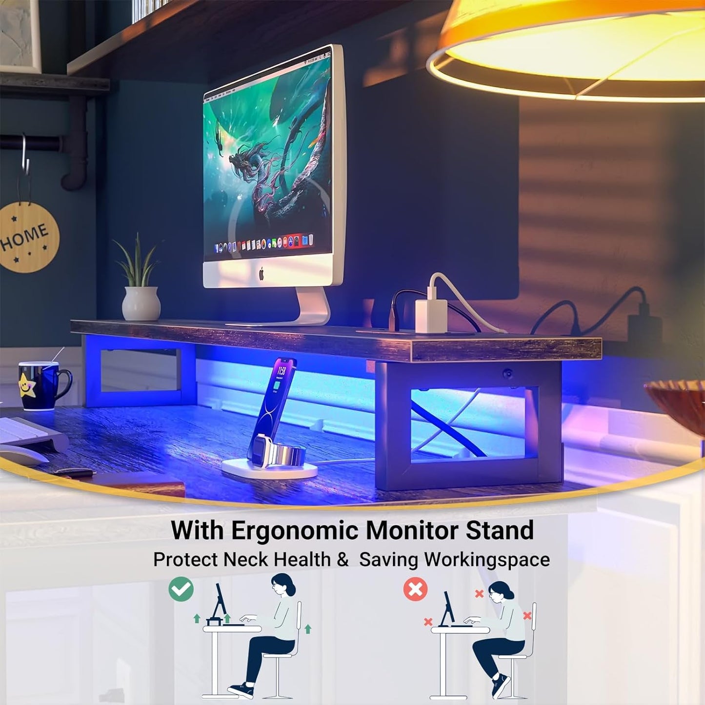 Computer Desk with USB Power Outlets and LED Lights, 47 inch Gaming Desk with Monitor Stand for Small Space Home Office, Modern Simple Study Writing Table PC Desks, Black Oak