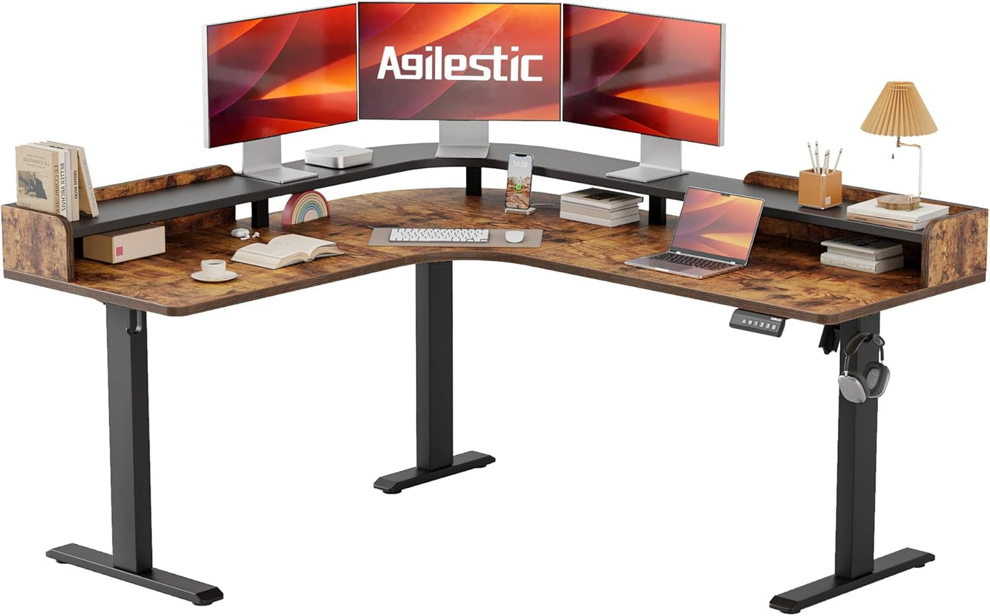 Agilestic L Shaped Standing Desk, Corner Desk with Monitor Shelf, Adjustable Height Gaming Table, Sit Stand Up Table, 63 x 55 Inch Home Office Computer Workstation, Splice Board, Rustic Brown