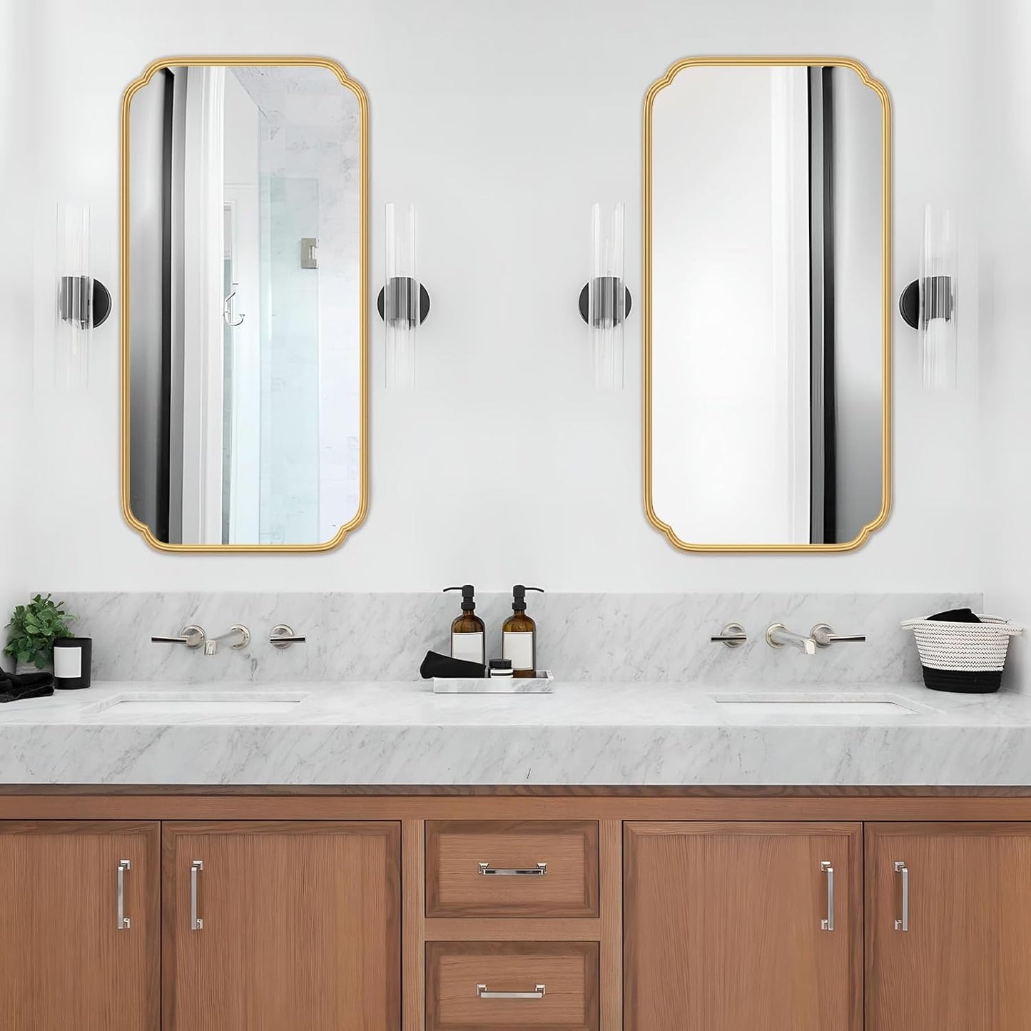 Gold Wall Mirror 48 x 24 Inch Bathroom Vanity Mirror for Over Sink Modern Rounded Corner Rectangle Wall Mirror Decorative with Non-Rusting Iron Metal Framed (Horizontal/Vertical)