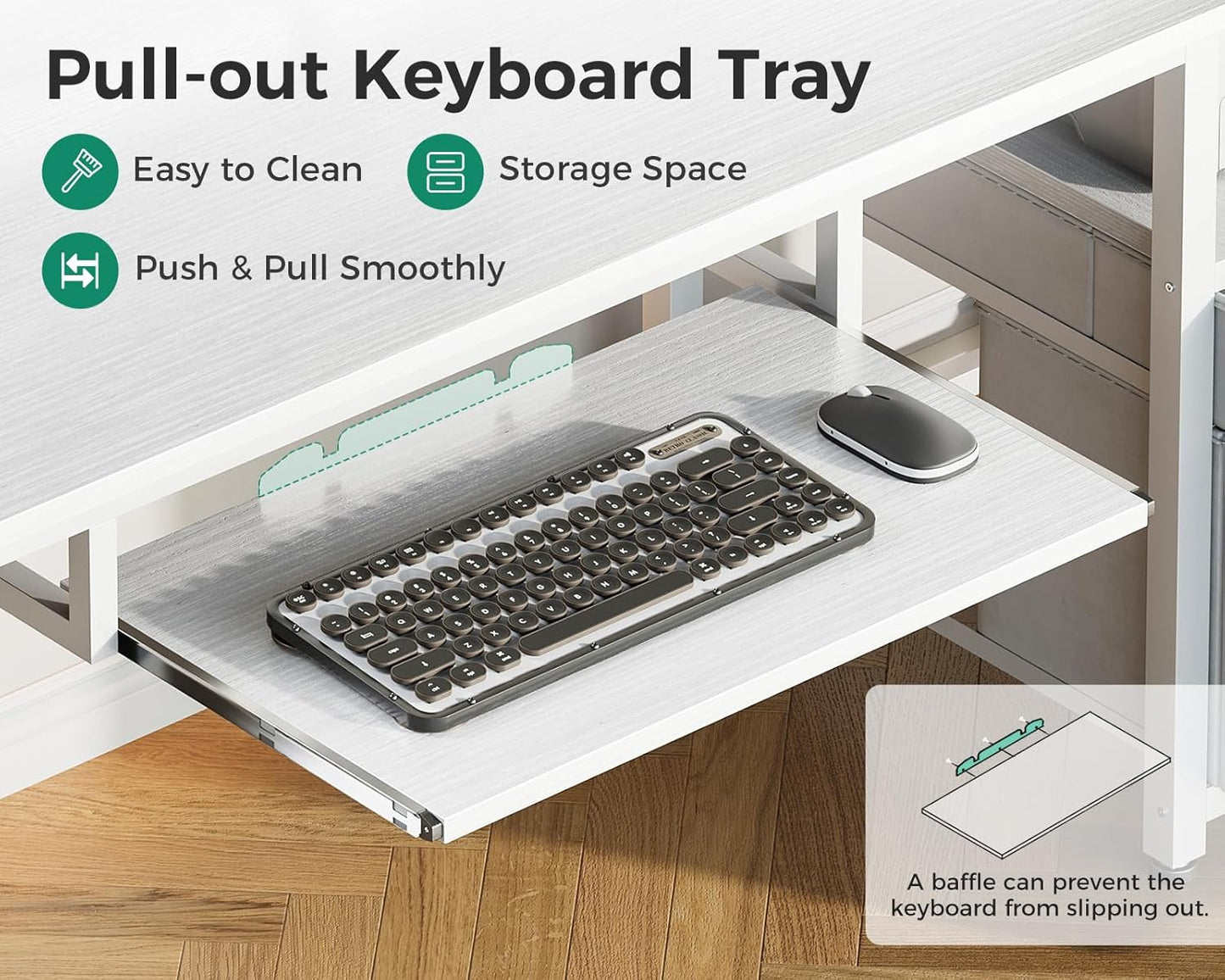 AODK Computer Desk with Drawers and Keyboard Tray, 63" Office Desk with Power Outlet and LED Lights, Reversible Study Work Desk with Printer Shelf and PC Stand for Home Office, White