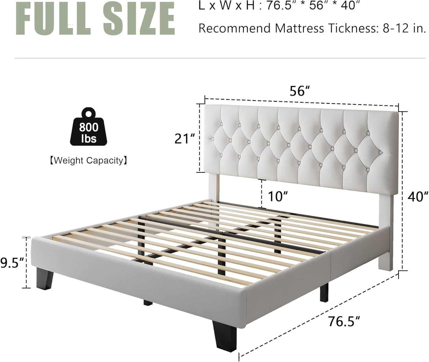 Feonase Velvet Full Size Platform Bed Frame with Button Tufted Headboard, Upholstered Bed with Wooden Slats Support, No Box Spring Needed, Easy Assembly, Noise-Free, White