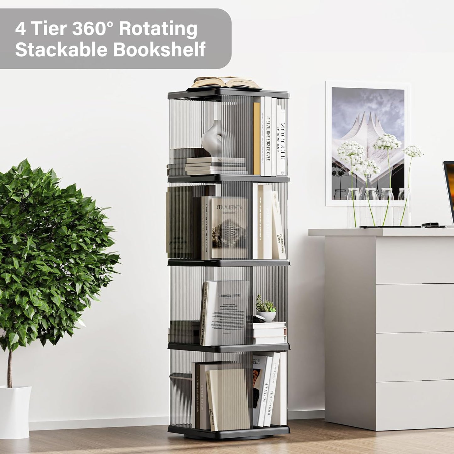4 Tier Rotating Bookshelf, Small Corner Bookshelf for Small Space, 360 Display Floor Standing Bookcase, Lazy Susan Plastic Narrow Book Organizer Shelf for Bedroom, Living Room, Rectangular