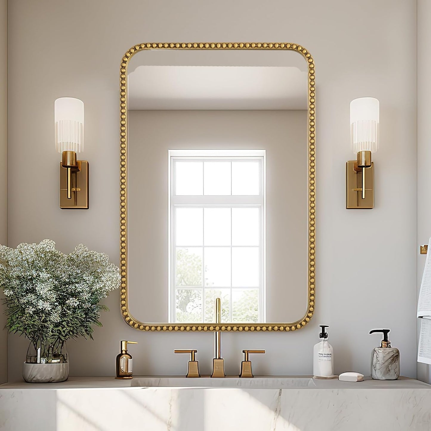 Wall Mirror for Bathroom - 20"x30" Rectangle Rounded Corner Beaded Frame Mirror, Large Vanity Mirror Hangs Horizontal or Vertical, Antique Gold