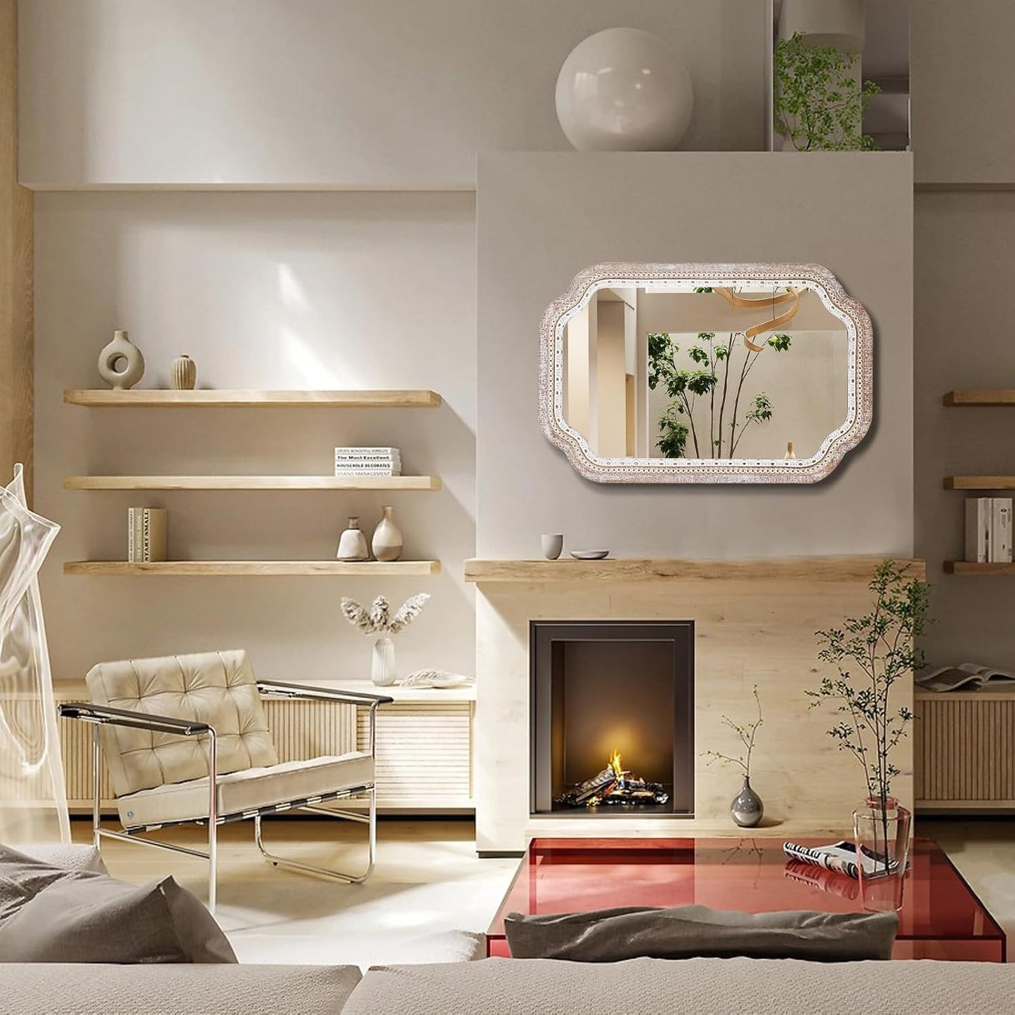 36x24 Wooden Scalloped Decorative Wall Mirror with Beaded Frame, Rustic Farmhouse Entryway Mirrors for Bathroom Vanity, Foyer, Hallway, or Over Sink (Horizontal/Vertical)