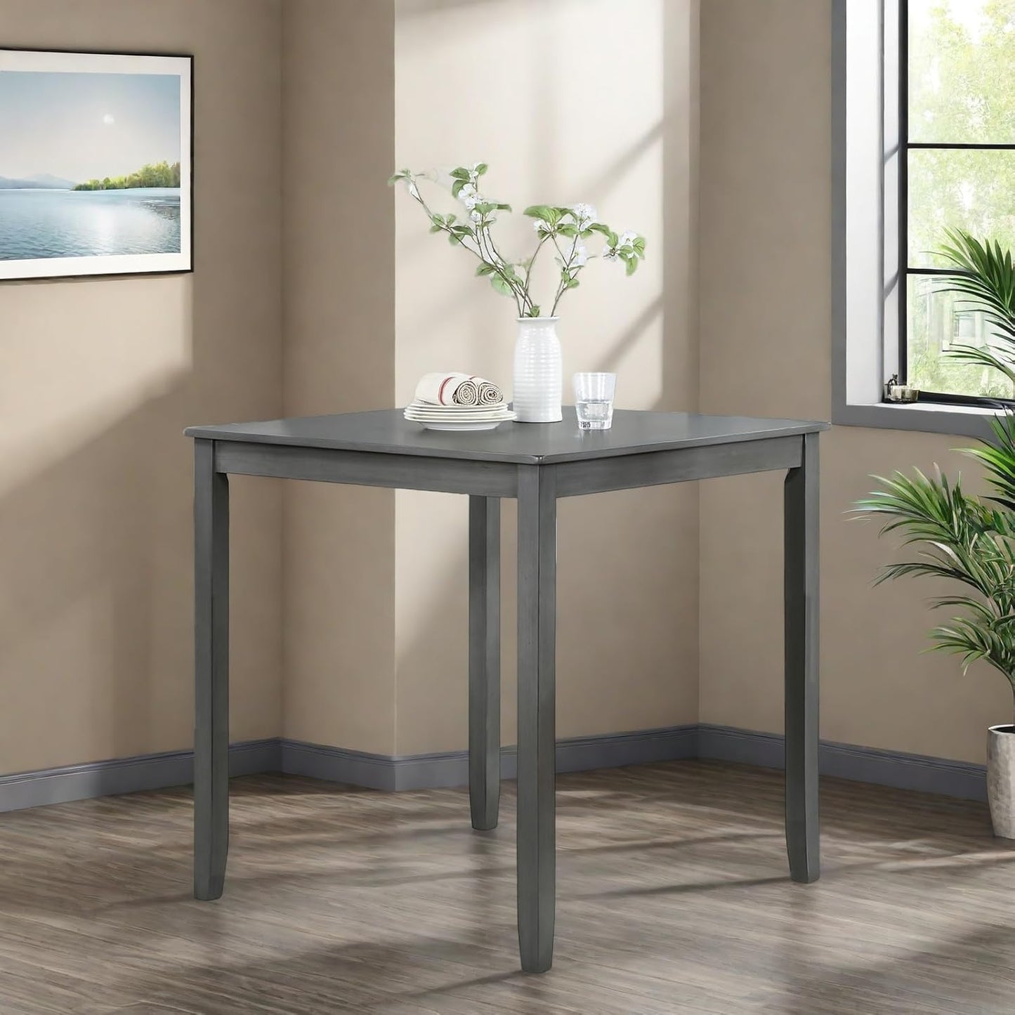 Dining Table for 4, Wooden Rectangular Kitchen Table with Natural Woodgrain Finish, 36" H MDF Modern Dining Table with Solid Wood Tapered Legs and Rounded Corners, Easy Assembly, Gray