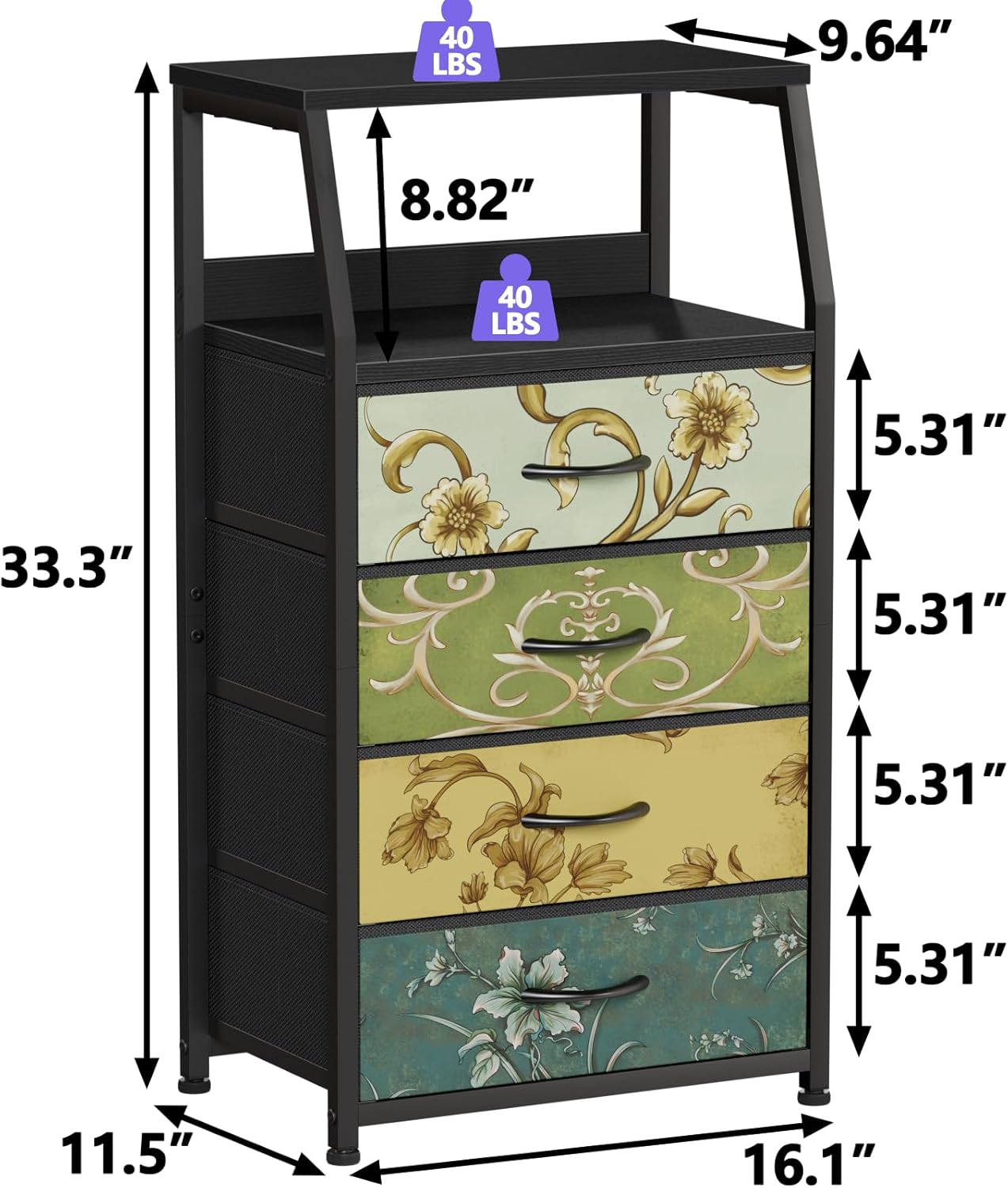 Furnulem Retro Dresser for Bedroom, Small Dresser for Closet, Vintage Nightstand with 4 Drawers, Fabric Storage Organizer Bedside Table Side Furniture, Metal Frame, Wood Top