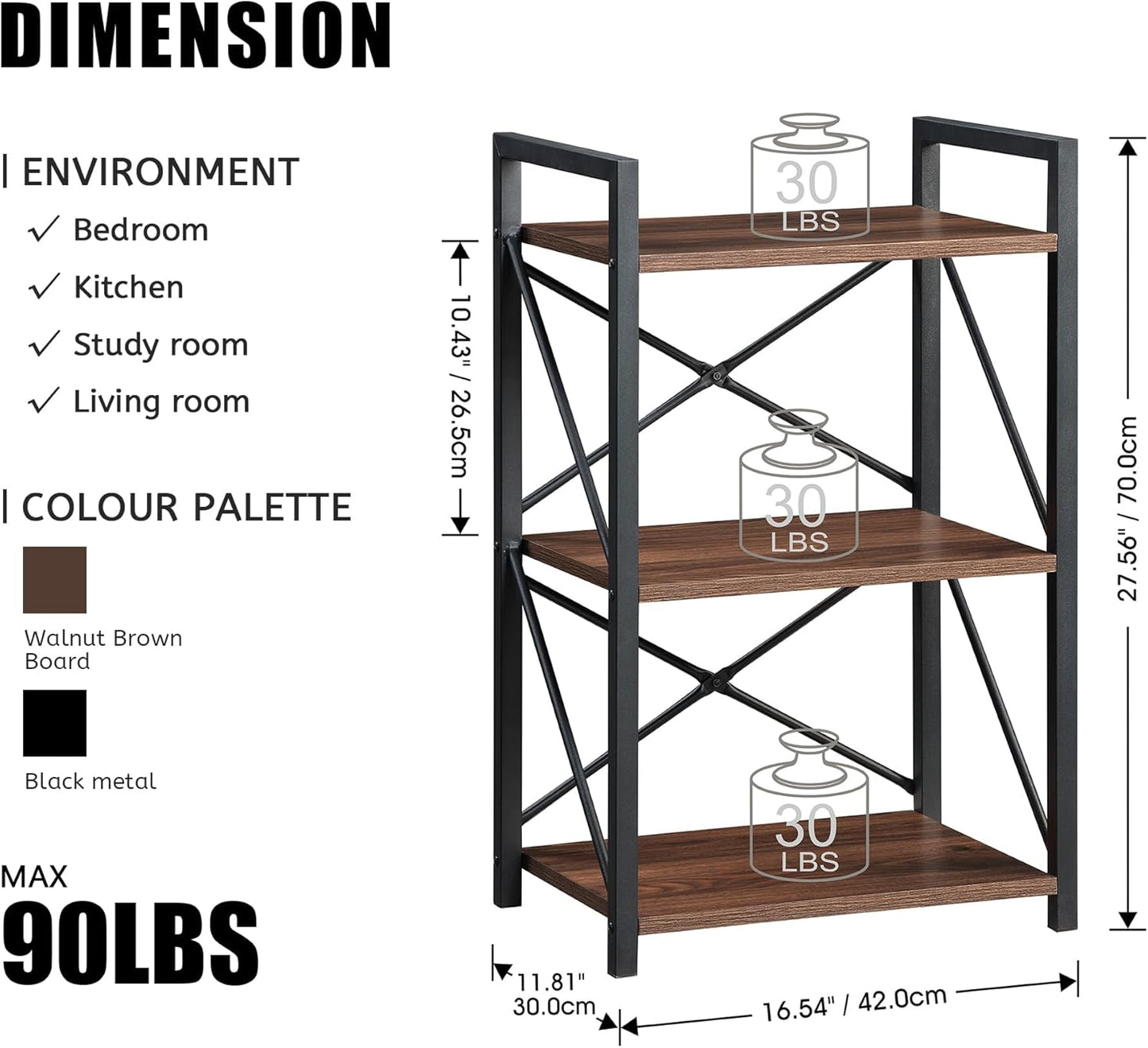 3 Tiers Bookshelf, Home Office Bookcase Shelf Storage Organizer for Bedroom, Living Room and Home Office, Walnut Brown(Small)