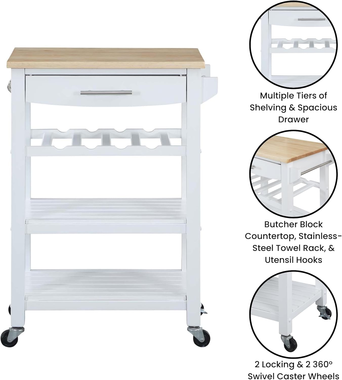 Convenience Concepts Ellaine 4 Tier Kitchen Cart with Drawer and Wine Rack, 24.75", White/Butcher Block