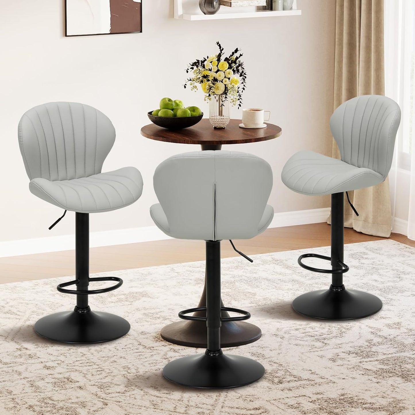 COLAMY Bar Stools Set of 2, Modern Swivel Bar Chairs, Adjustable Faux Leather Upholstered Barstools Counter Height with High Backrest for Bar, Kitchen Island, Dining Room, Grey