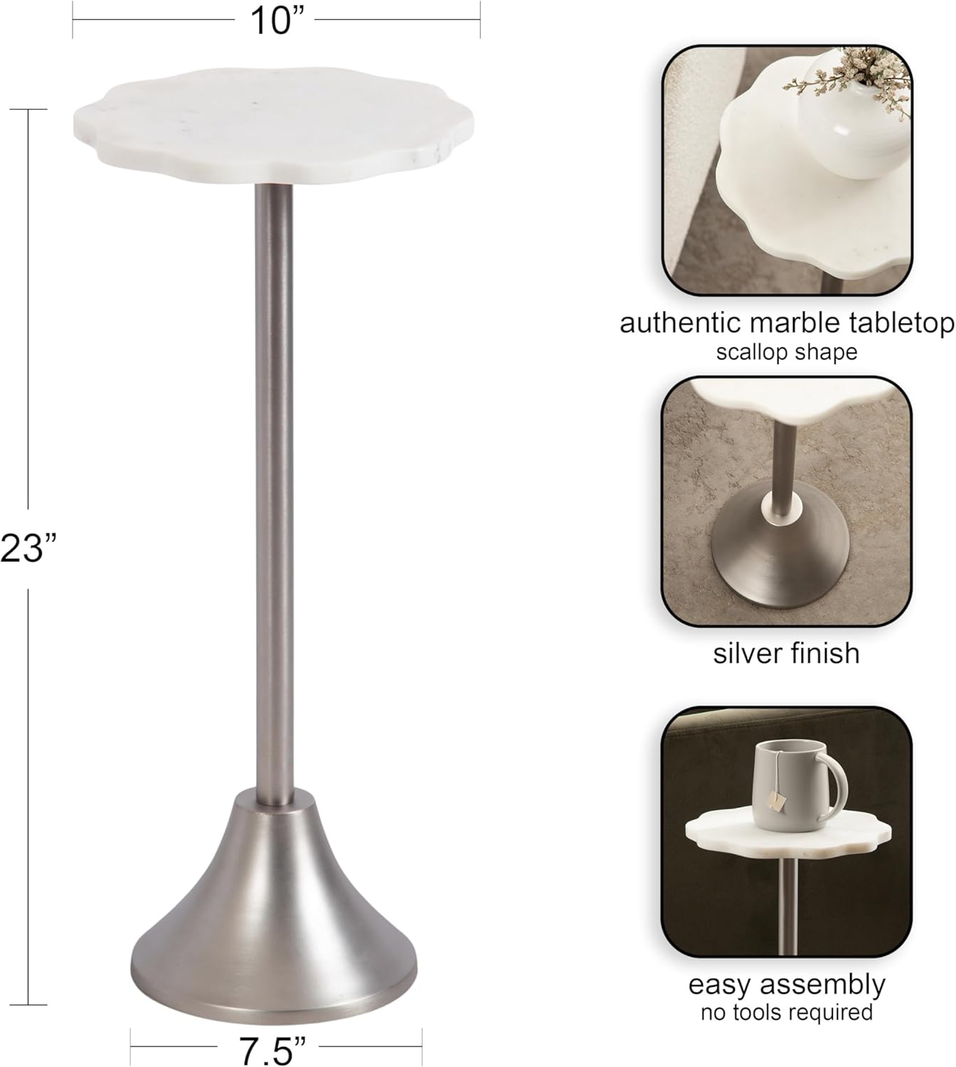 Kate and Laurel Sanzo Modern Pedestal Drink Table, 10 x 10 x 23, White Marble and Silver, Decorative End Table with Scalloped Marble Tabletop for Use as Small Plant Stand or Cute Martini Table